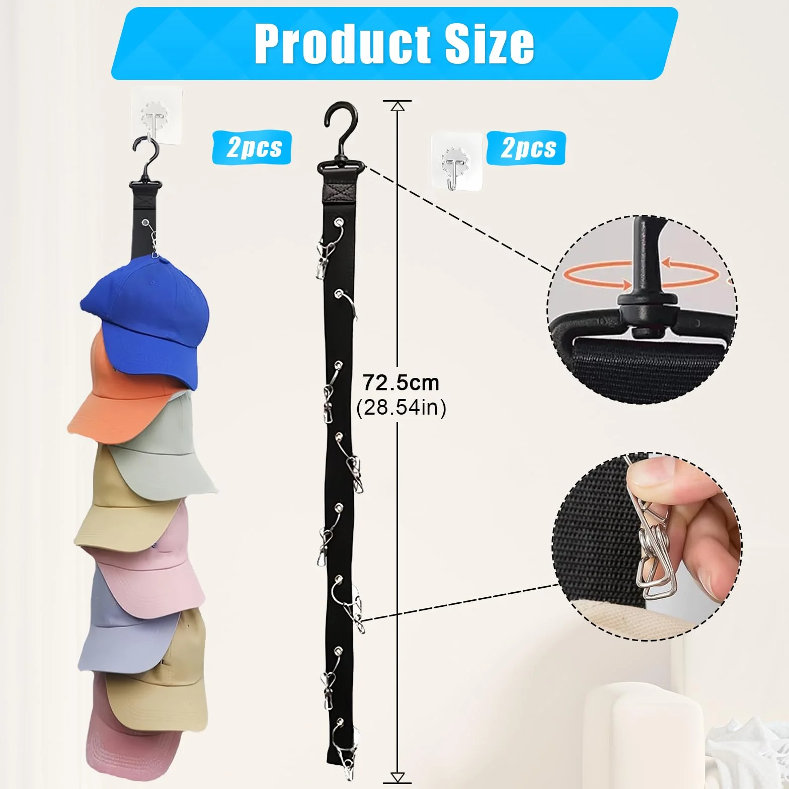 2 Pezzi Porta Cappelli Nero,8 Appendere Appendi Cappelli,Porta Cappelli da Parete,Portacappelli con 2 Ganci Autoadesivi Adatto per Berretti da Baseball,Sciarpe,Cravatte,Asciugamani