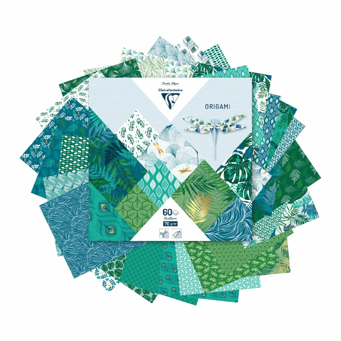Clairefontaine 95354C - 60 Fogli di carta Origami da 70g/m², Misura 15x15cm, 30 motivi colorati assortiti (2 Fogli per motivo), Hobby creativo Adulti e bambini, collezione vegetazione elegante