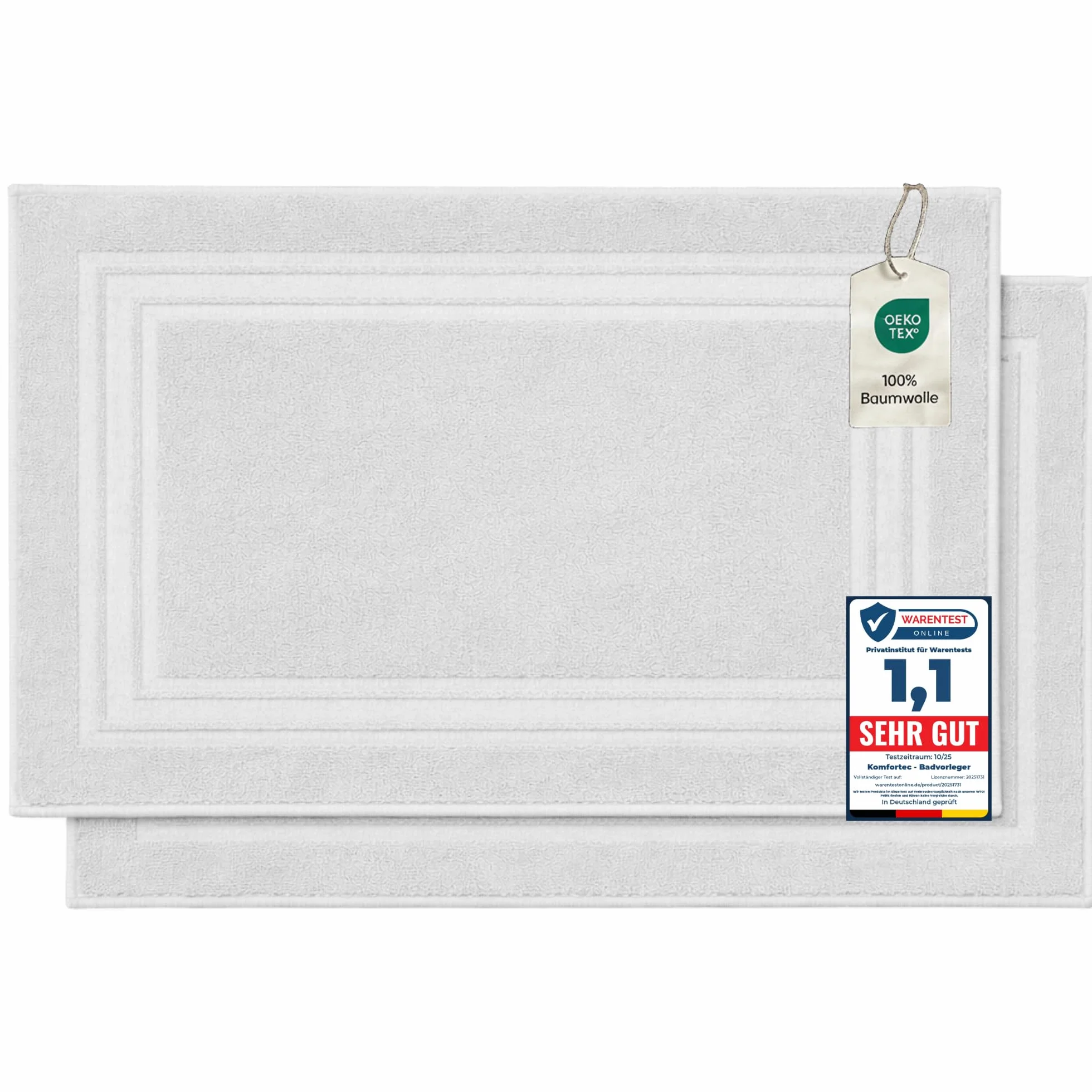 Komfortec - Set di 2 Tappetini da Bagno, Tappetini in Spugna per Doccia, Lavabili, Assorbenti e a Rapida Asciugatura – 600 g/m², 100% Cotone, 50x70 cm, Bianco