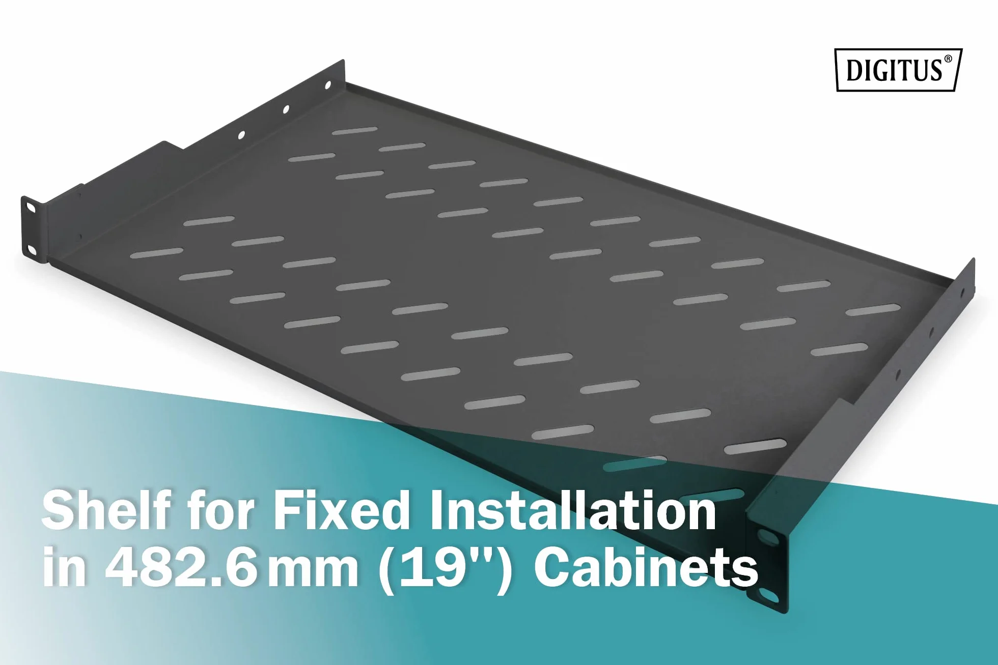 DIGITUS DN-19 TRAY-1-SW, Scaffale per installazione fissa in armadi da 19 pollici, capacità di carico 15 kg, a partire da 450 mm di profondità dell'armadio, 1U, nero