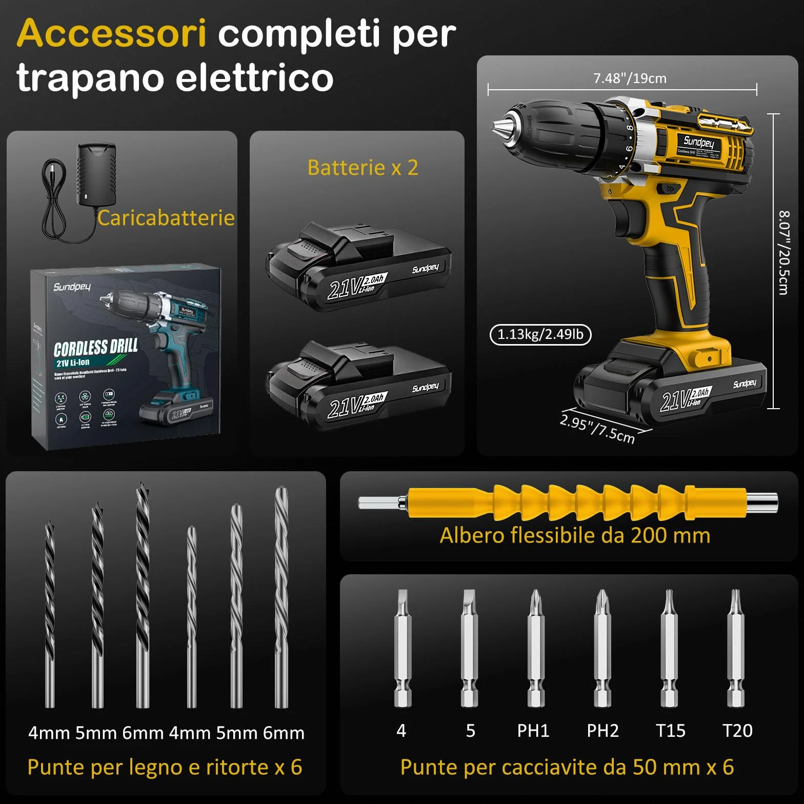 Sundpey Trapano Avvitatore Batteria 21V - Avvitatore a Batteria con 2 Batterie da 2.0Ah, 45Nm Max, 18+1 Coppia, 10mm Mandrino Trapano, Led Luce, 2 Velocita, 19pcs Avvitatore Elettrico Per Fai da te