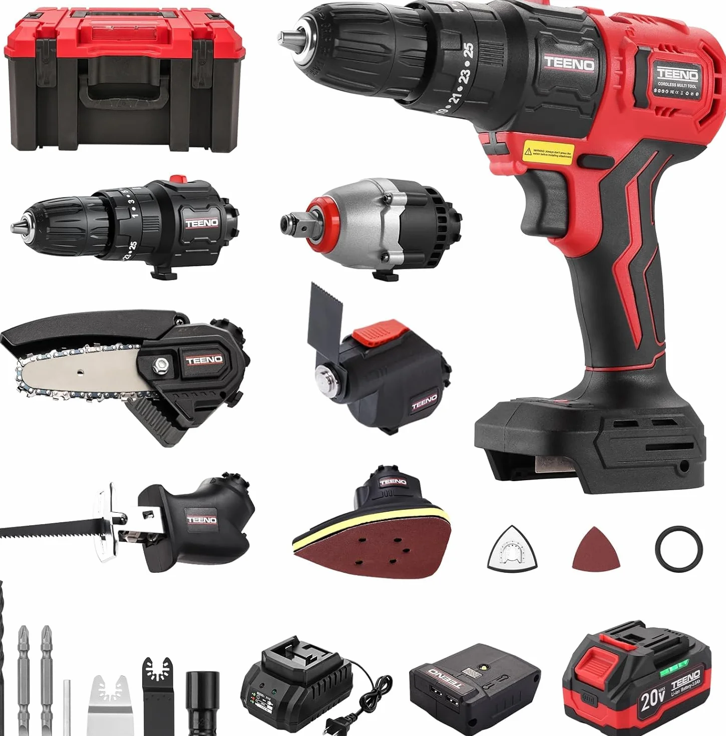 Kit Combinato Wireless 20V TEENO, Strumento Multifunzionale 8 in 1 con Custodia, Trapano, Sega a Catena, Cef A Urto, Levigatrice
