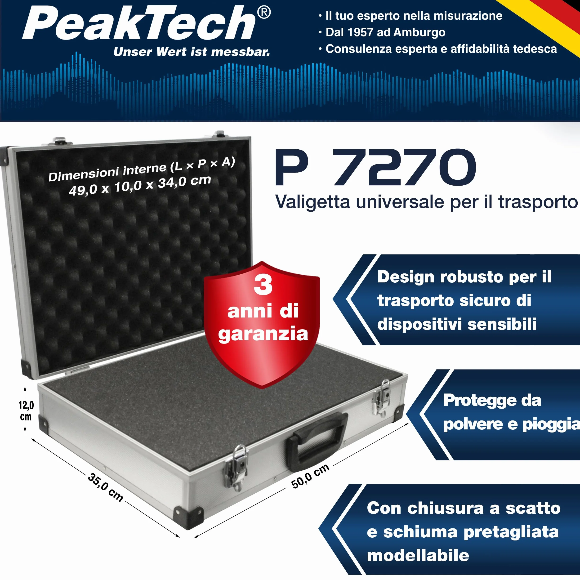 Peaktech 7270 Custodia Universale Strumenti Misura Alluminio 500x350x120 mm