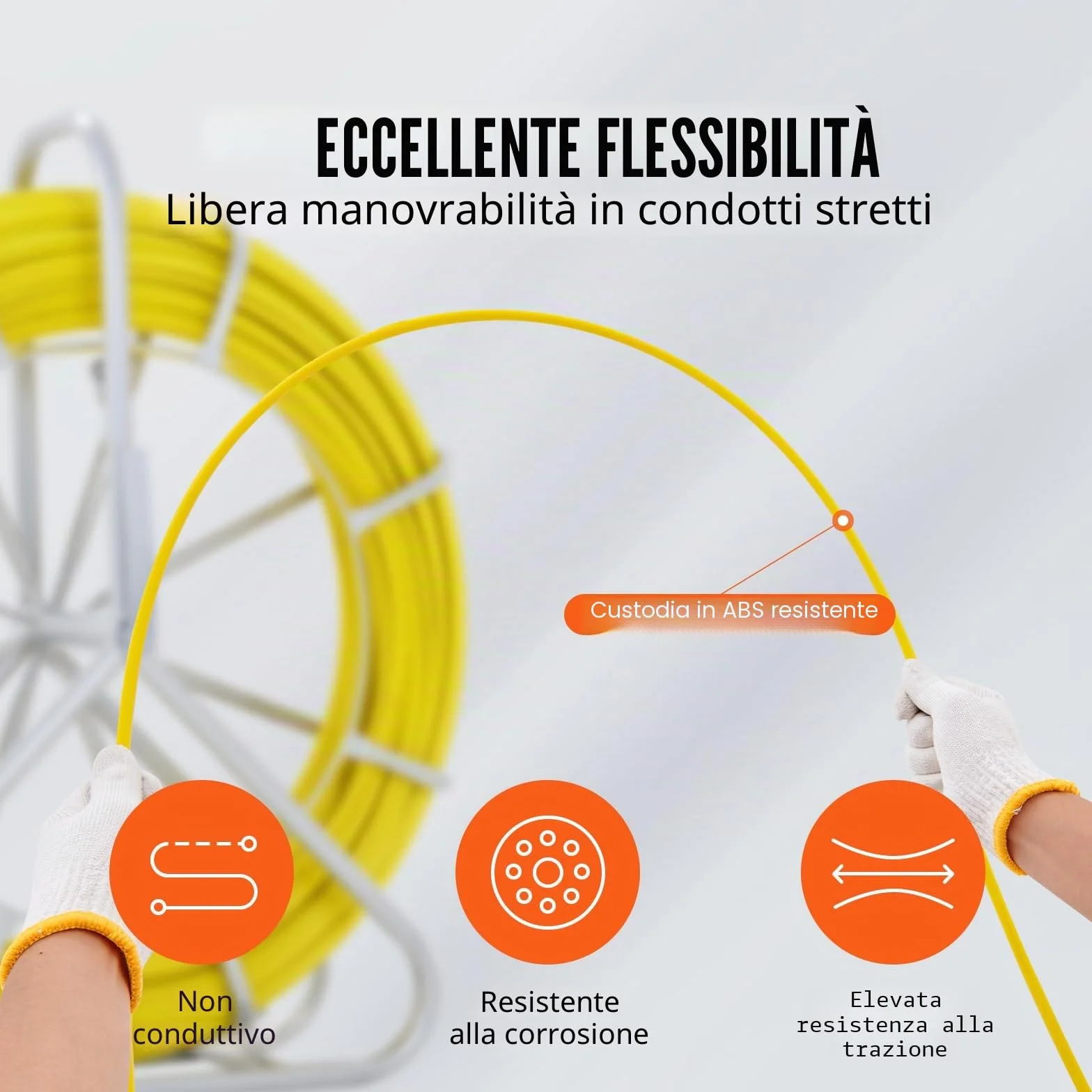 VEVOR Sonda Passacavi in Fibra di Vetro 7,9mm x 150m con Supporto in Metallo Estrattore a Nastro per Cavo Elettrico con 2 Teste di Trazione Strumento di Installazione del Cavo Elettrico in Fiberglass
