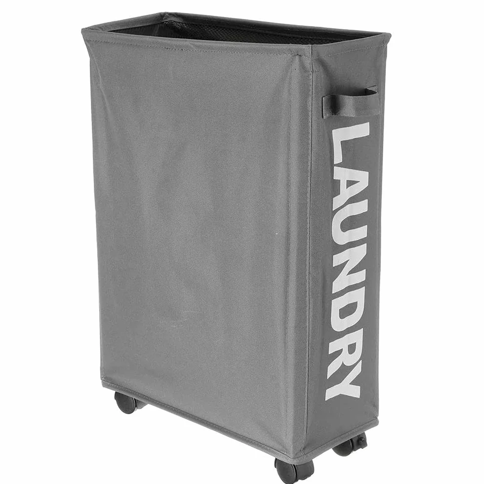 BAKAJI Cesto Porta Biancheria Sporca Portabiancheria Slim Salvaspazio Pieghevole in Tessuto Decorazione Scritta Contenitore con Chiusra a Rete Manico e 4 Ruote Dimensione 39 x 20 x 56 cm (Grigio)