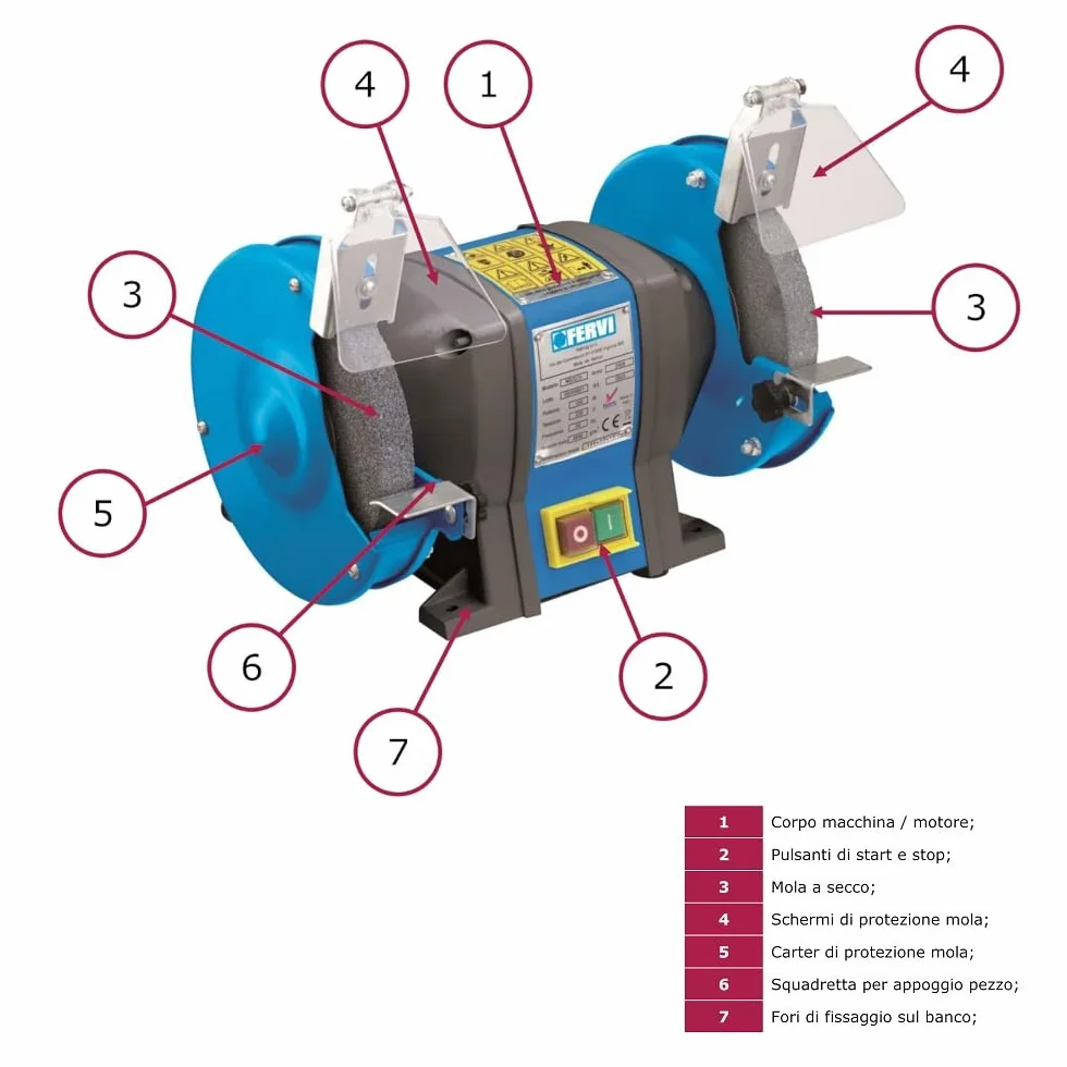 Fervi– Smerigliatrice da Banco con Mola a Secco, Corpo in Metallo, Schermi di Protezione, Pulsante Start/Stop, Con Supporto per Appoggio Pezzo, per Levigatura e Rettifica di Metalli e Leghe, Fai da Te