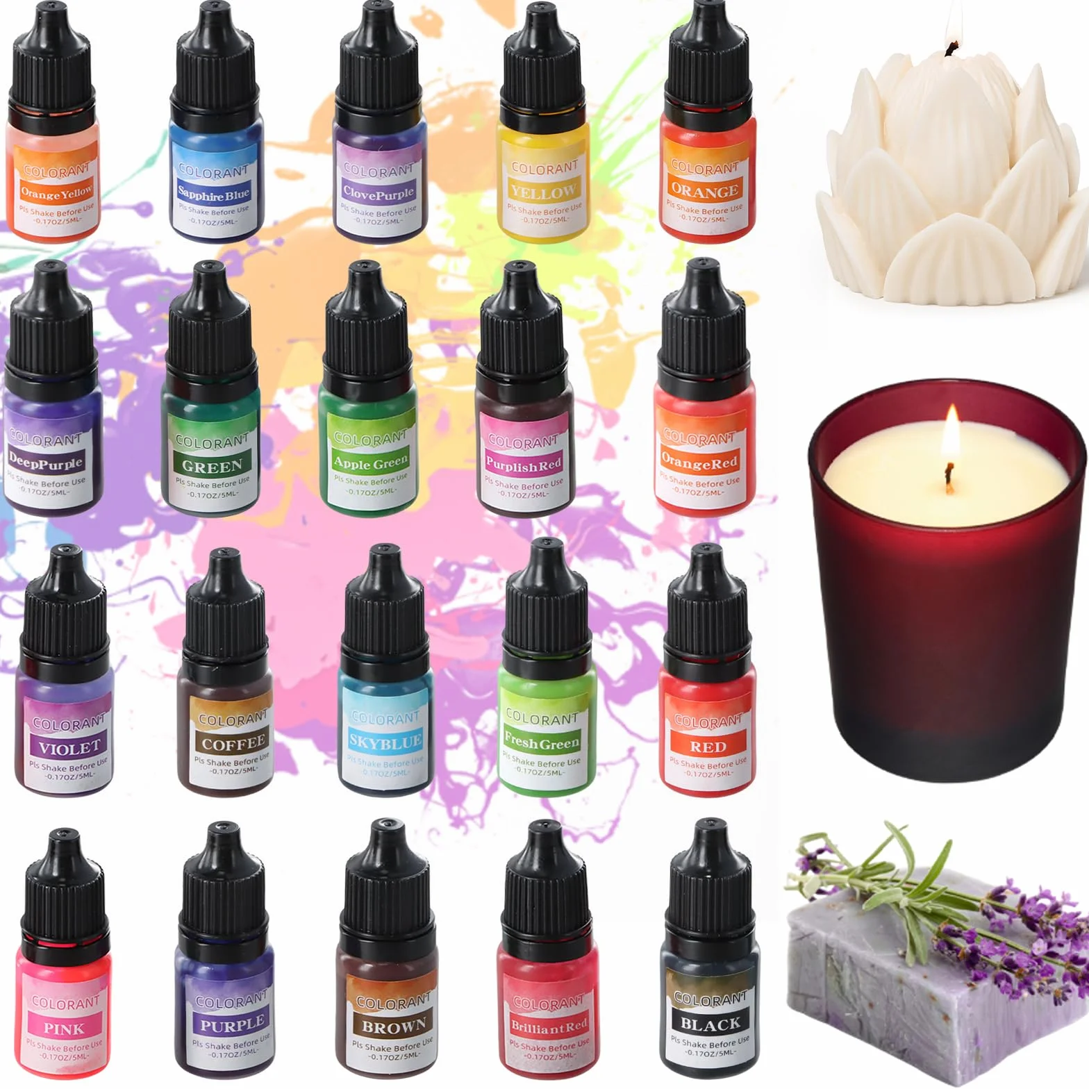 20 Colori Coloranti per Candele, Kit Liquidi per Candele Fai da Te, Colori a Cera Altamente Concentrati per Cera di Soia, Gel e Paraffina 5ML