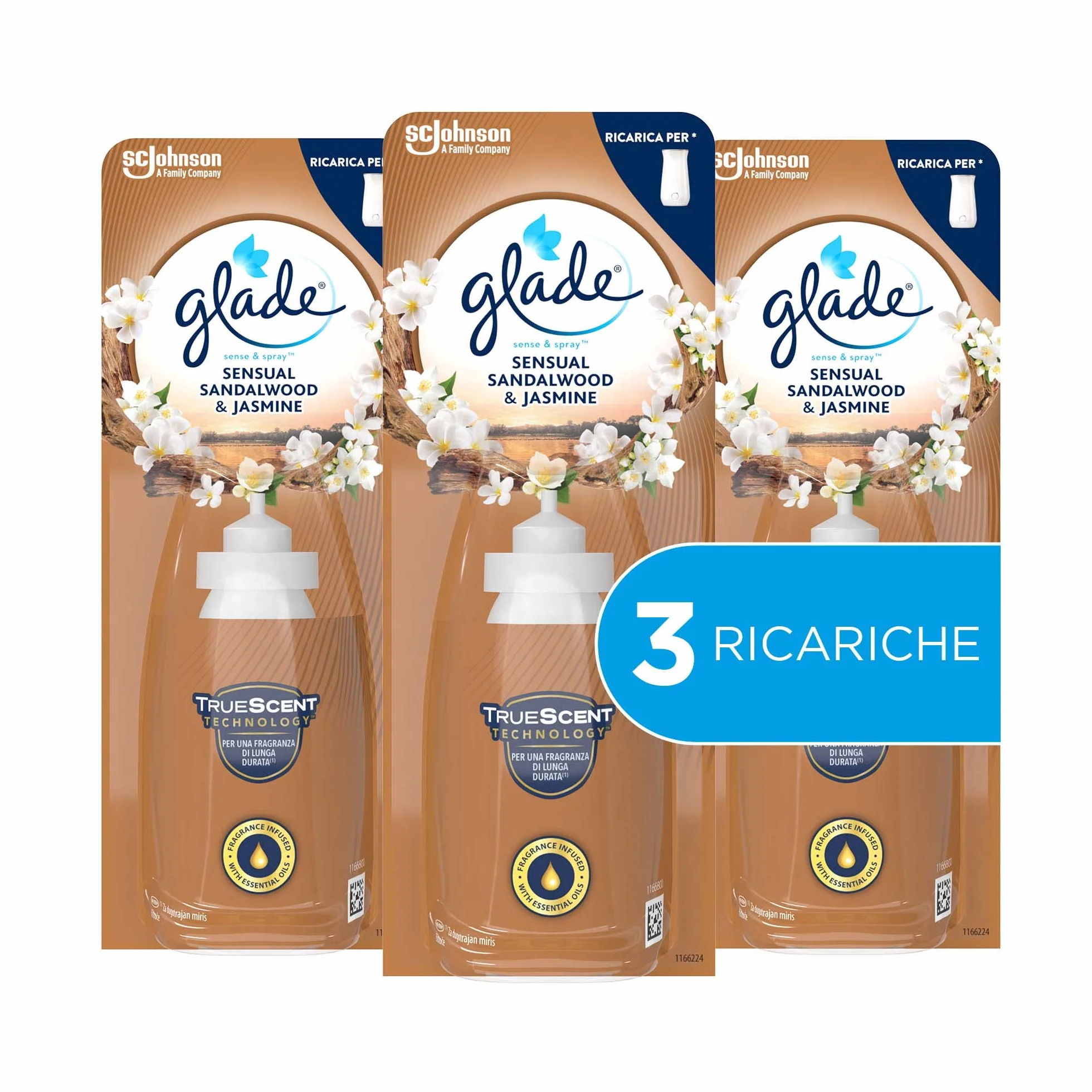 Glade Sense & Spray Profumatore per Ambienti con Oli Essenziali e Sensore di Movimento, Fragranza Gelsomino e Sandalo di Bali, 3 Ricariche