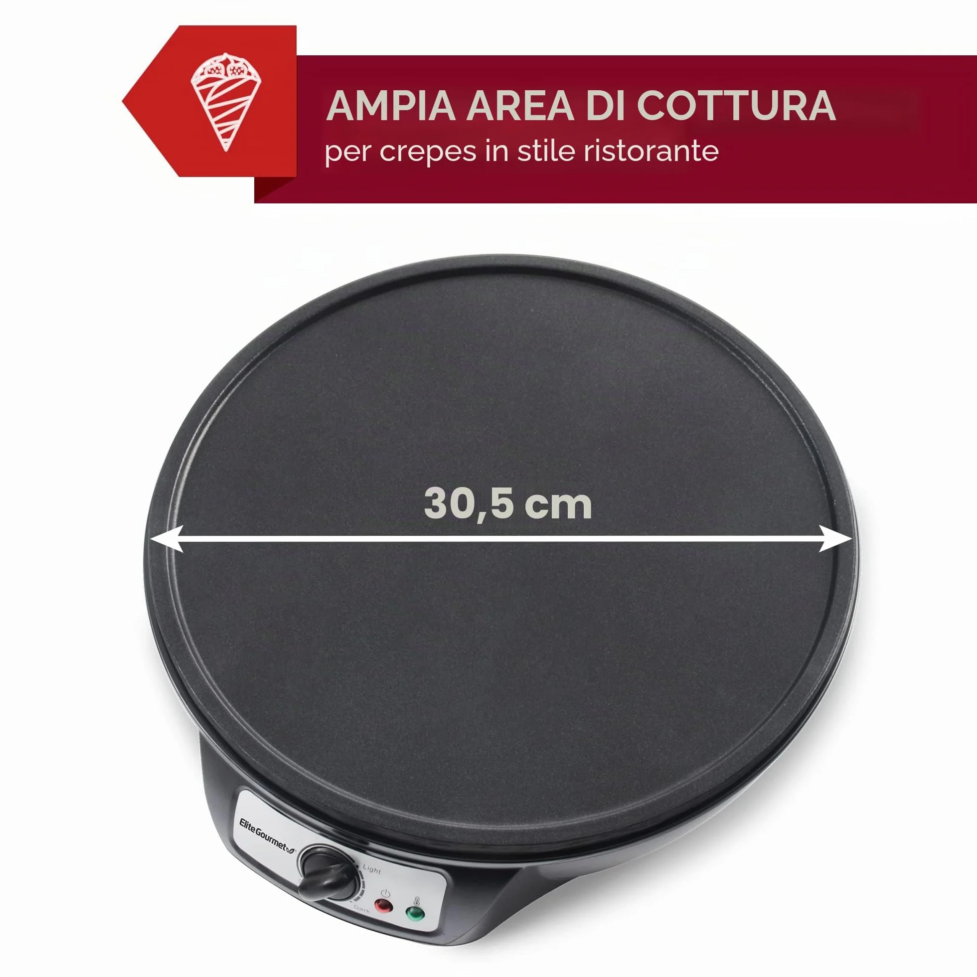 Elite Gourmet, Crepiera elettrica ECP-126 per crêpes, pancake, torte, piastra antiaderente, con spargitore, spatola e ricette, lingua italiana non garantita, 30,5 cm, nero