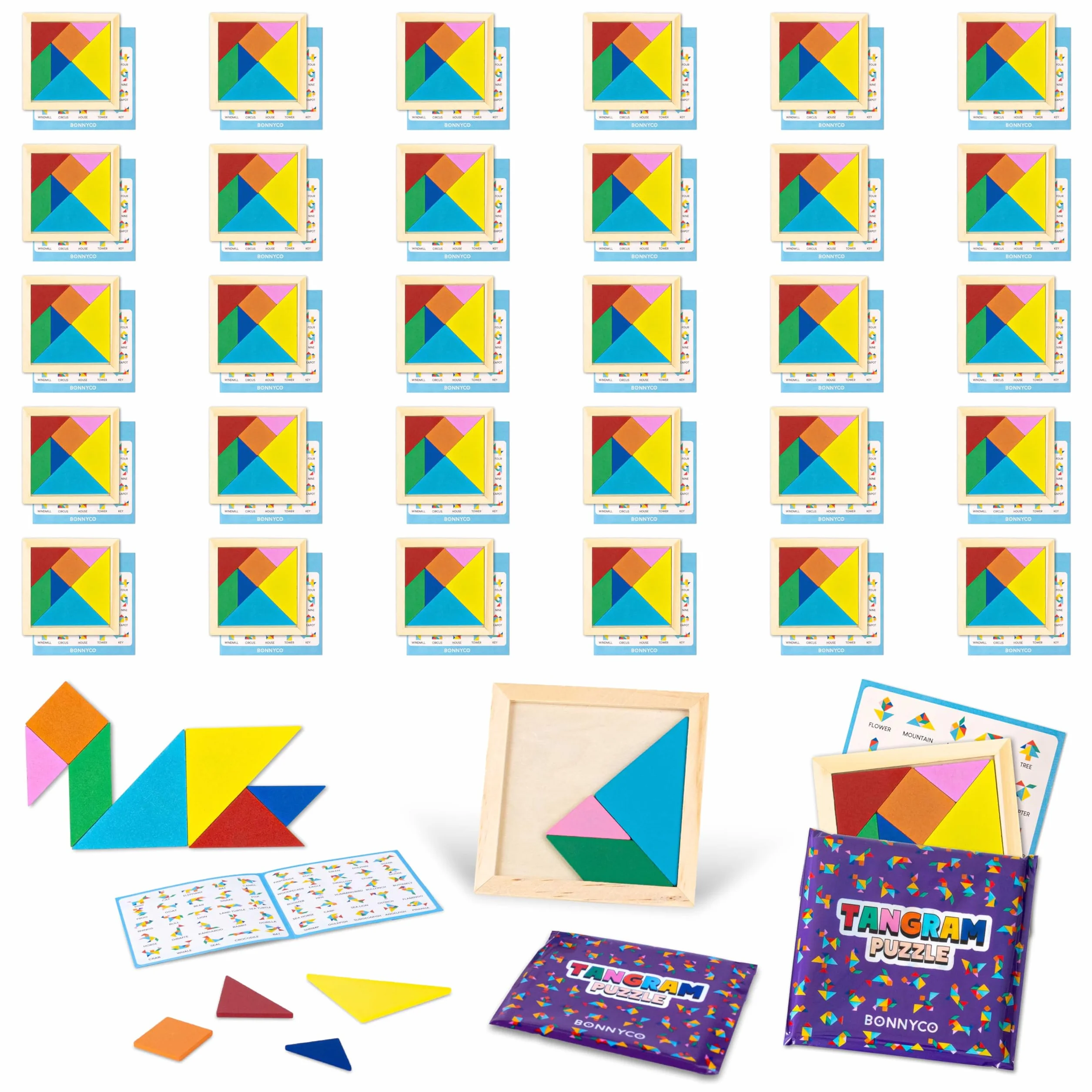 BONNYCO Tangram Legno Bambini Pack 30 Gadget Compleanno Bambini. Mini Giochi Regalini Fine Festa Compleanno, Regalino Fine Festa Invitati. Persierini Giochini per Feste, Mini Puzzle Gadget Scuola