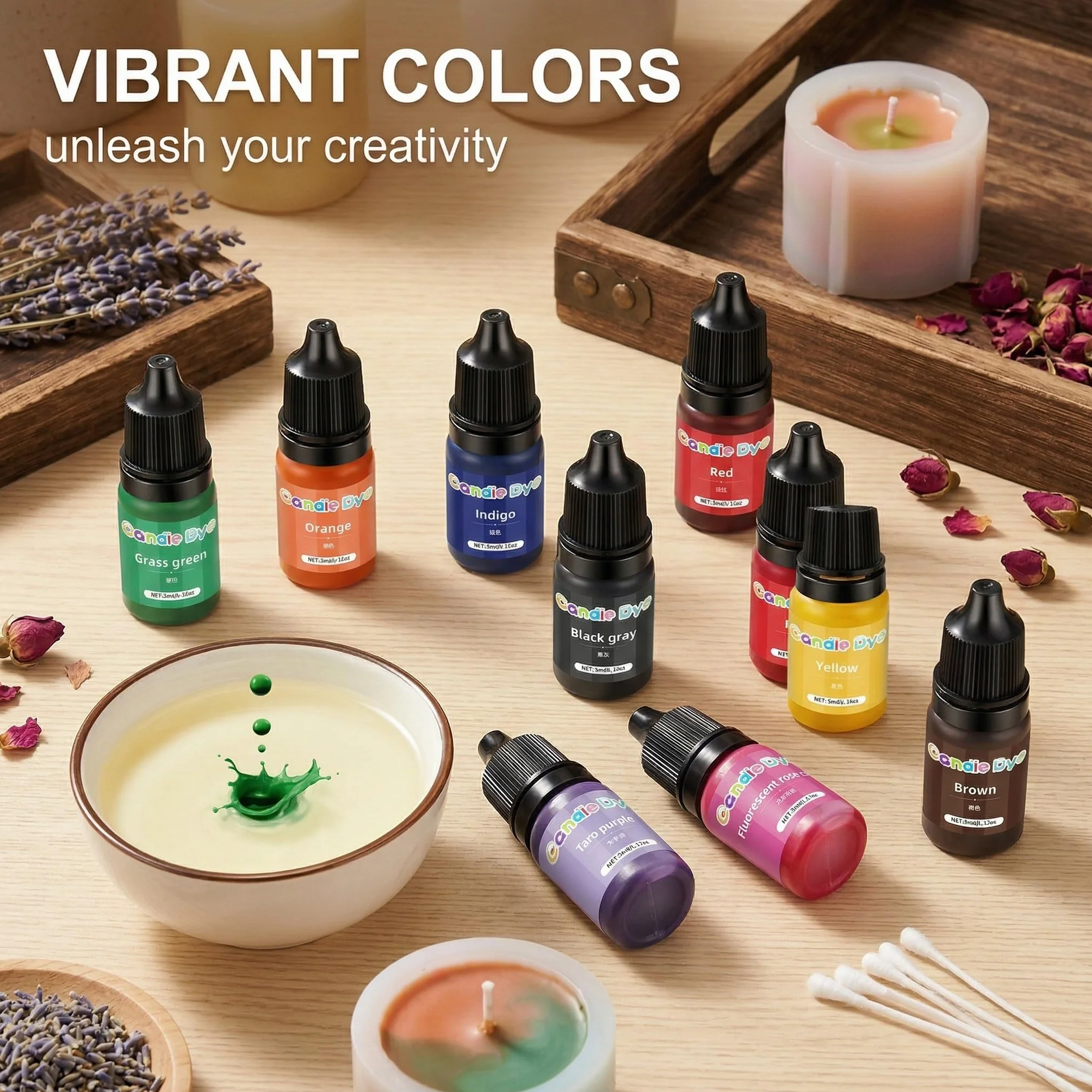 Set 9 Colori Pigmenti Liquidi per Candele Fai-da-Te (5ml), Coloranti Altamente Concentrati per Cera di Soia, Api, Palma e Gel, Mix di Tinte Classiche e Fluorescent
