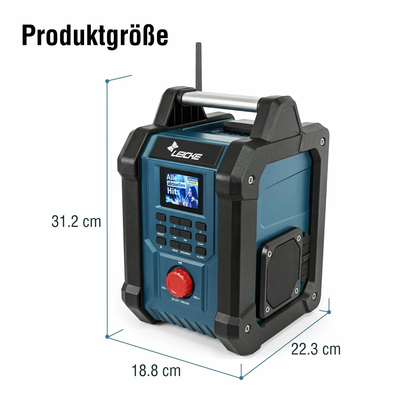LEICKE Radio da cantiere DAB/DAB+/FM con Bluetooth, batteria 4000 mAh e caricabatterie inclusi, 2 altoparlanti da 15W e display LCD da 2,4 pollici