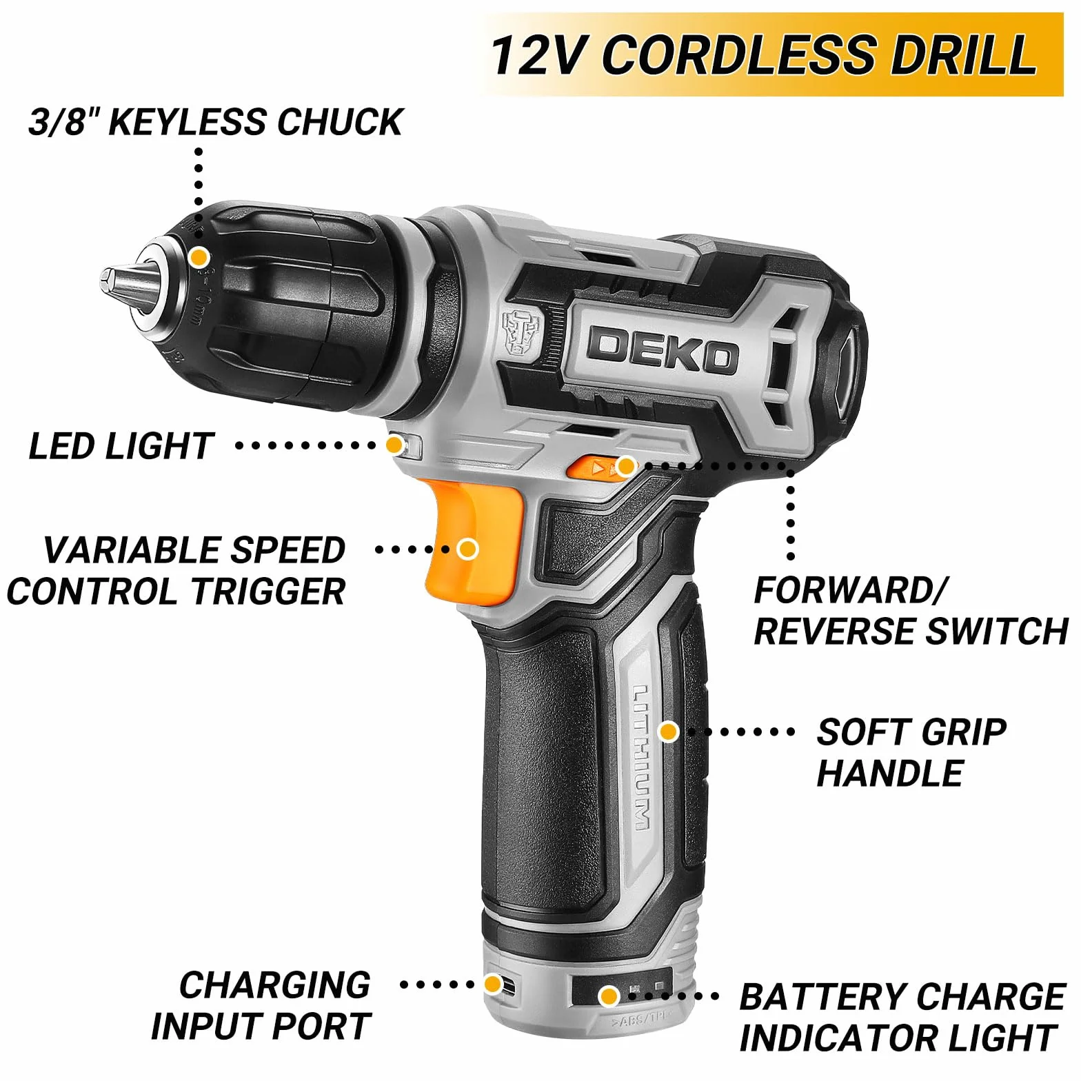 DEKO Cassetta Attrezzi Completa con Trapano Avvitatore Batteria 12V, 238 Pezzi Valigetta con Set Completo di Punte
