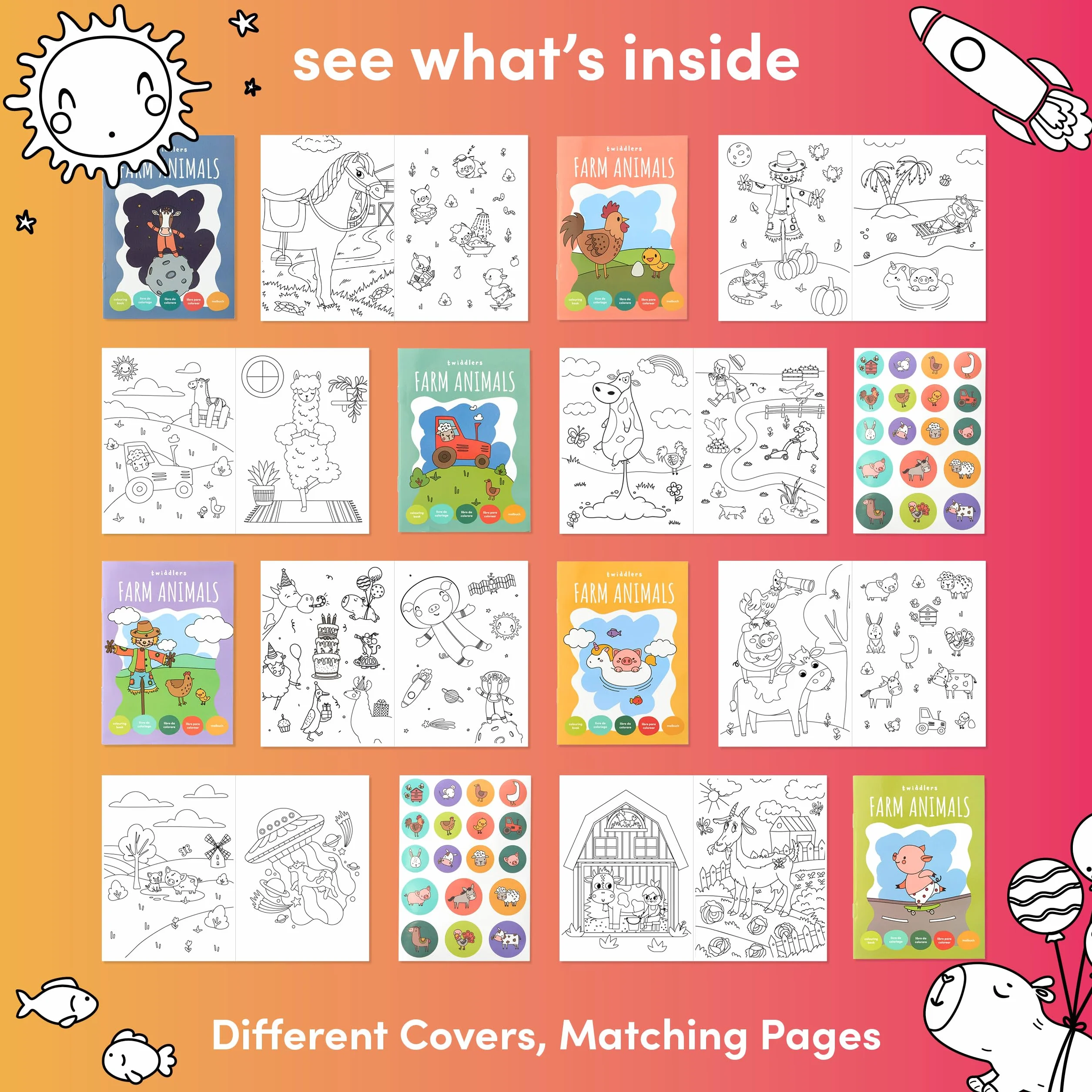 THE TWIDDLERS 24 Mini Libri da Colorare per Bambini A6 Animali della Fattoria con Adesivi