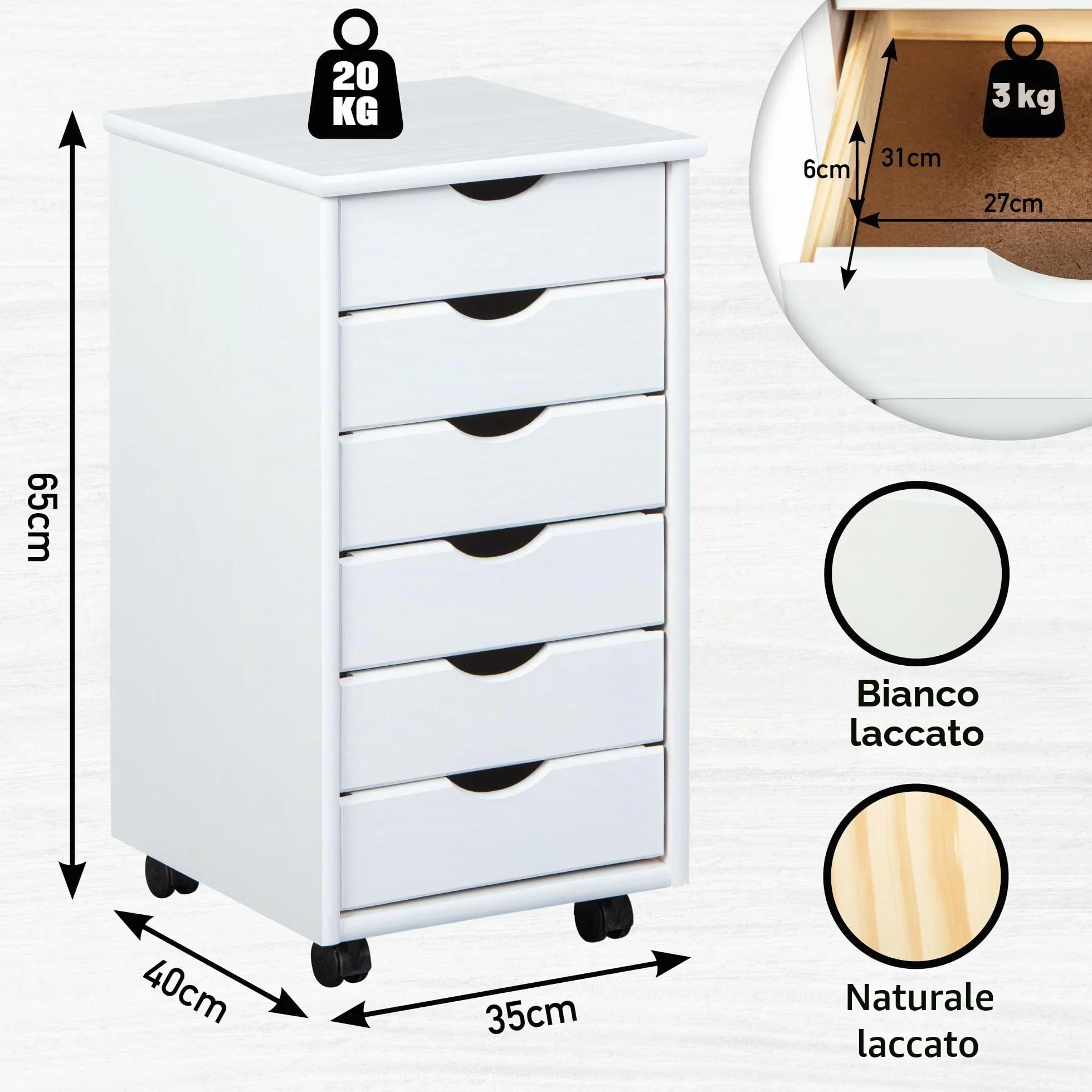 Inter Link - Piedistallo mobile - Piedistallo mobile con 6 cassetti - Piedistallo per ufficio - Mobile - Carrello mobile - Cassettiera - Legno di pino massiccio - Laccato bianco - 35 x 40 x 65 cm - Simon