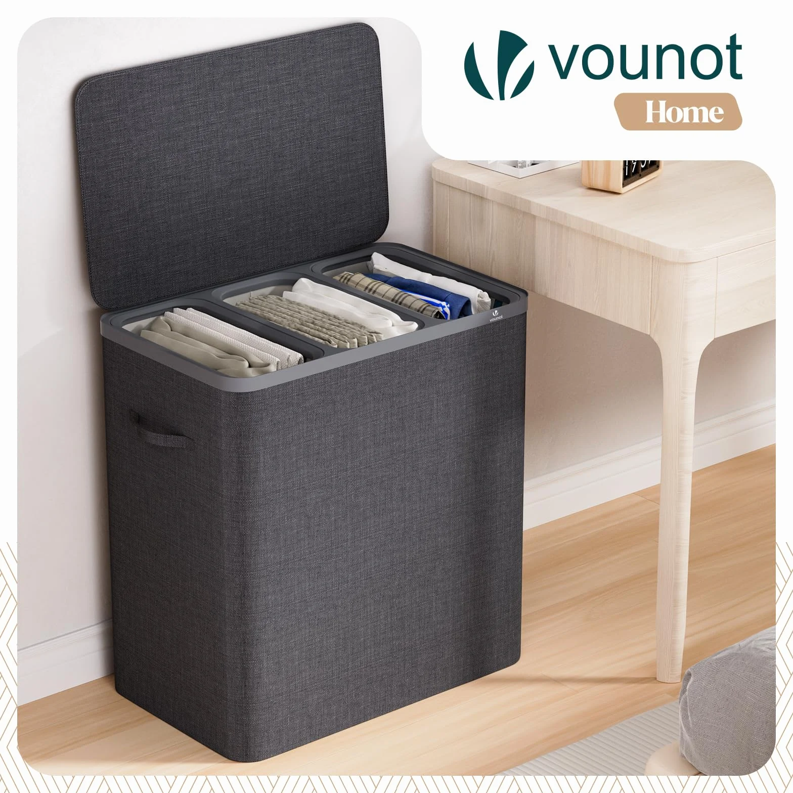 VOUNOT® Cesto Portabiancheria 170L Rettangolare a 3 Scomparti con Coperchio, Cesto Biancheria Grande Capacità con 3 Sacchi Rimovibili Autoportante e Manici, per Bagno, Camera e Lavanderia, Antracite