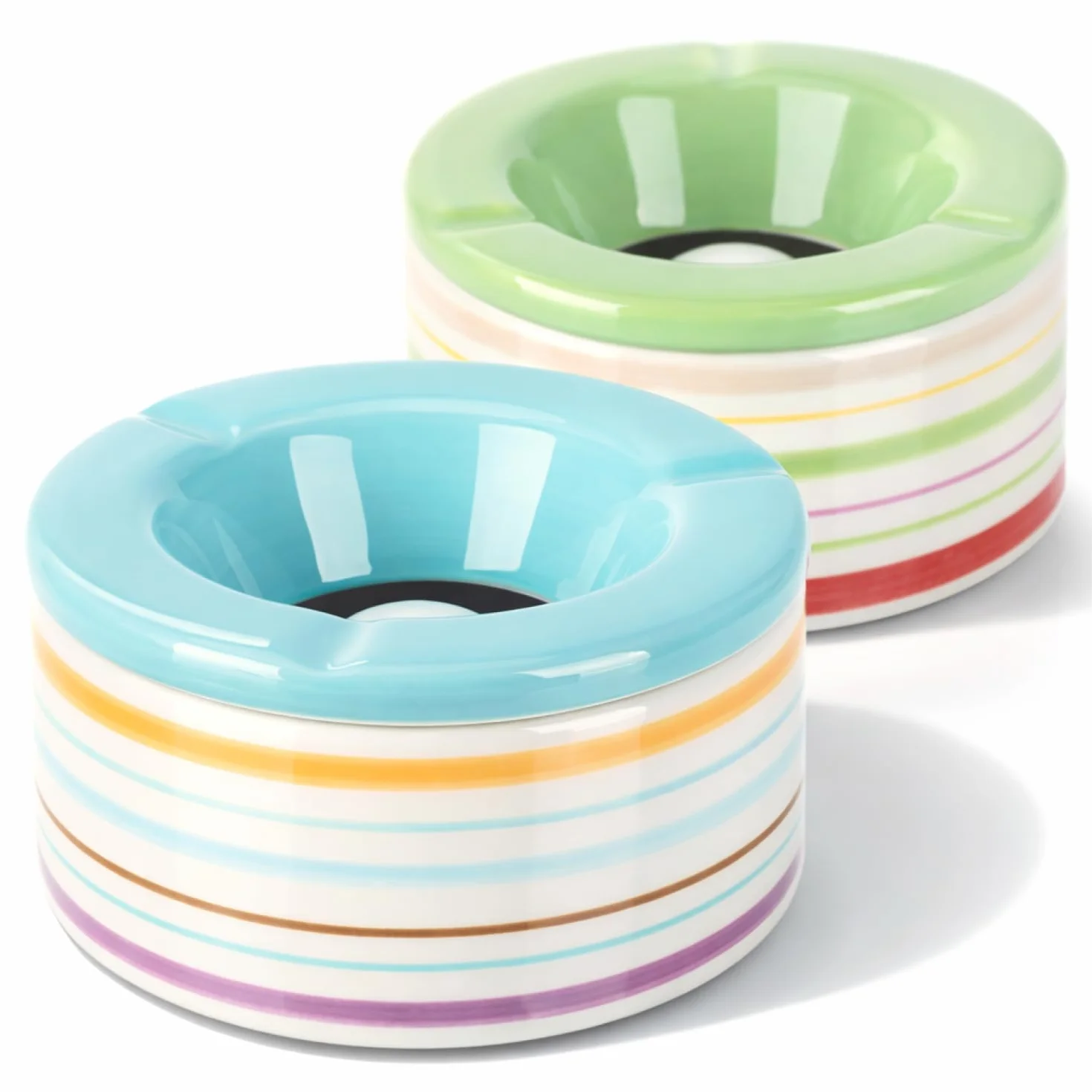 com-four® 2x Posacenere Antivento in Ceramica Dolomite - Portacenere Grande con Coperchio in Ceramica Blu e Verde 12 cm
