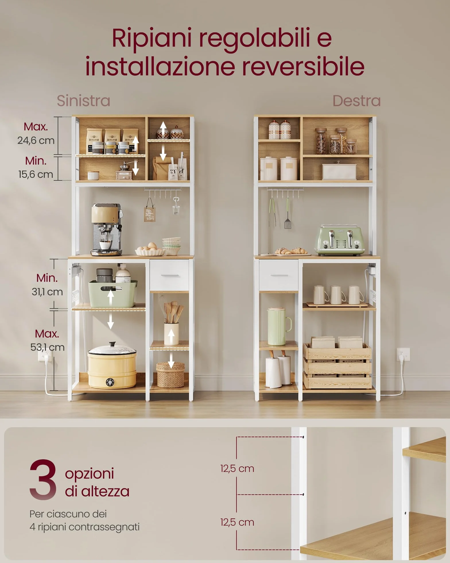VASAGLE Scaffale Cucina con Multipresa, Mobile Cucina, 40 x 80 x 180,4 cm, Scaffale per Microonde, Ripiani Regolabili, Cassetto in Tessuto, 12 Ganci, Rovere Dorato e Bianco Nuvola KKS015Y02