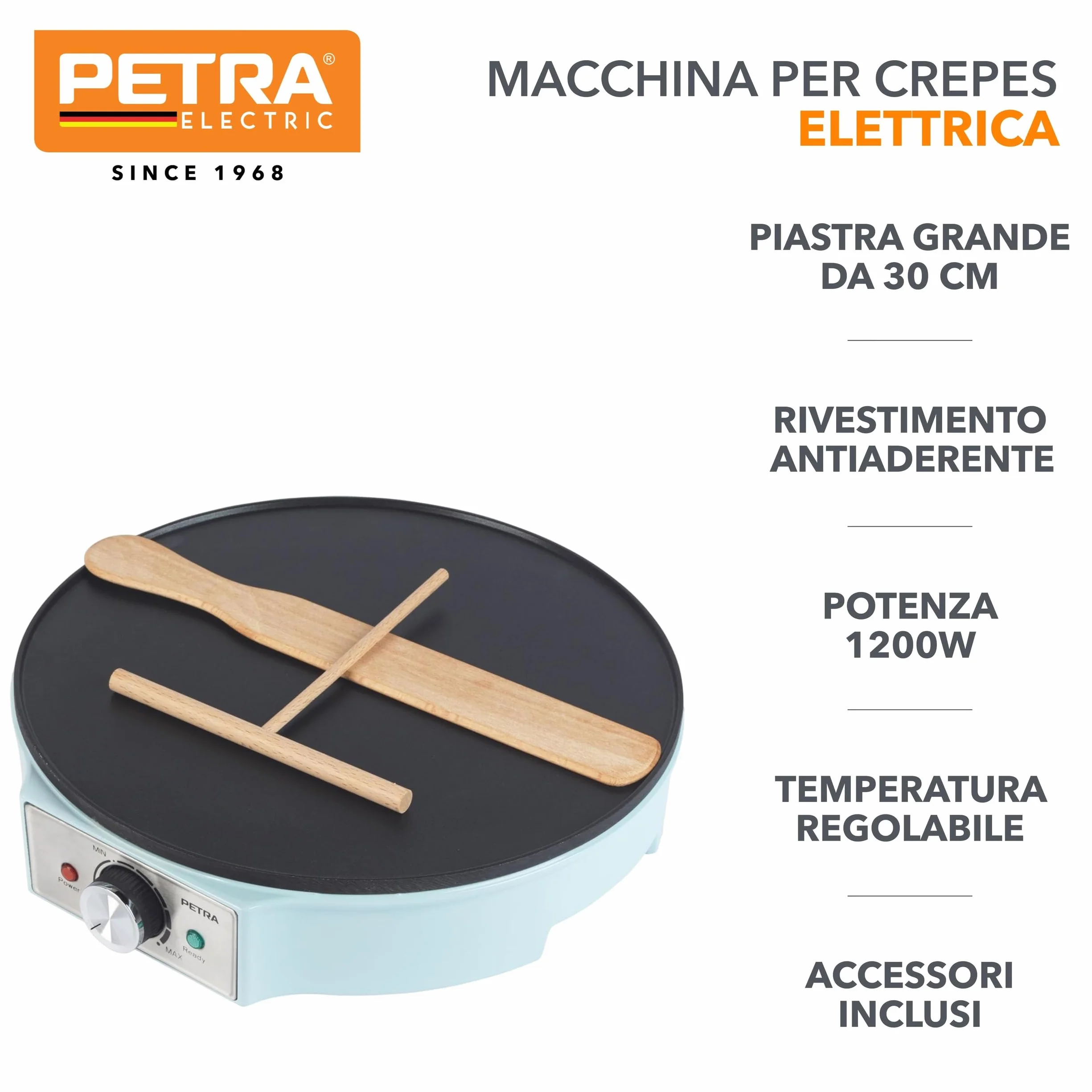 Petra PT6223BLVDE macchina per crepes - piastra elettrica per frittella, superficie di cottura antiaderente, piastra grande da 30 cm, temperatura regolabile, spatola e spatola per pastella, 1200W, blu