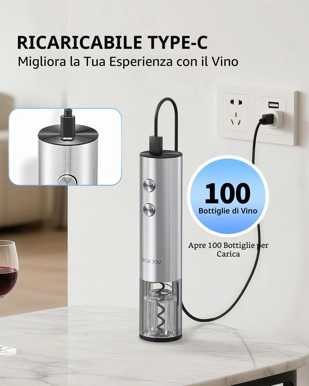 CIRCLE JOY Cavatappi elettrico con taglierina per capsula, apribottiglie in acciaio inox ricaricabile USB per casa e feste