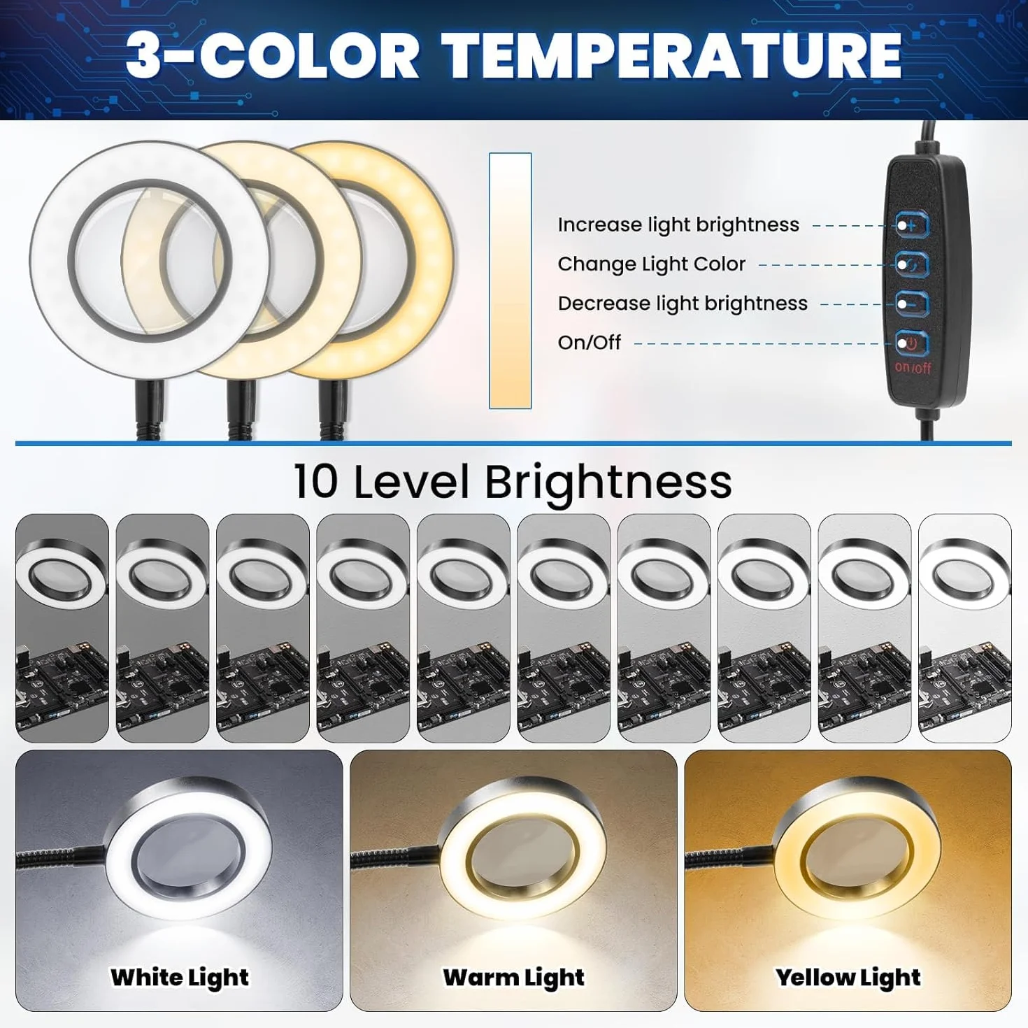 Terza mano per saldatura, supporto per saldatura con lente di ingrandimento 6x e luce, stazione di saldatura con 4 bracci flessibili e lampada LED con lente d'ingrandimento, supporto per saldatura per