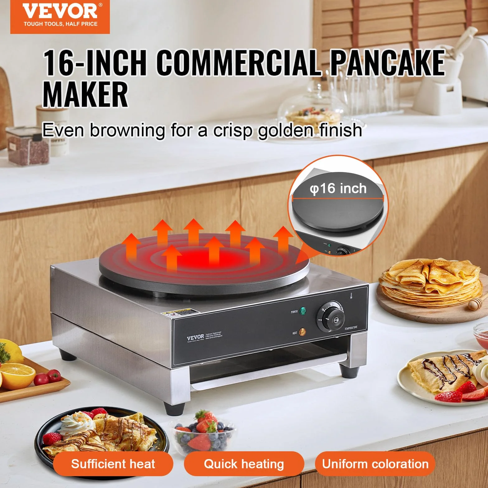 VEVOR Crepiera Elettrica, Macchina per Crepes Commerciale a Testa 406 mm, Piastra Crepes Piastra Piana 1700 W, Macchina in Acciaio Inox Antiaderente, Fornello Circolare, Controllo per Temperatura