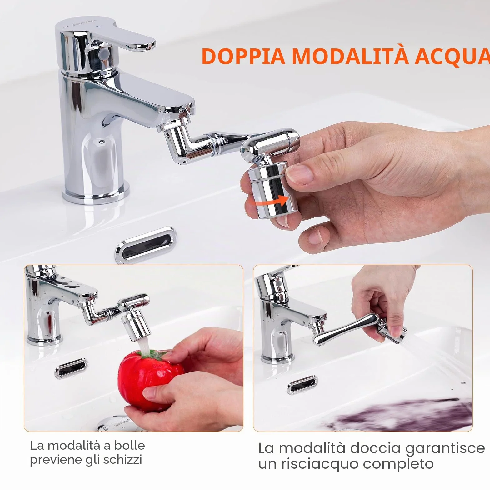 Ibergrif Prolunga Rubinetto Cucina Bagno Rotante 1440 Gradi, Aeratore Regolabile, 2 Modalità di Acqua, Accessorio Facile Installazione, Filtro Antispruzzo, Argento, M91006