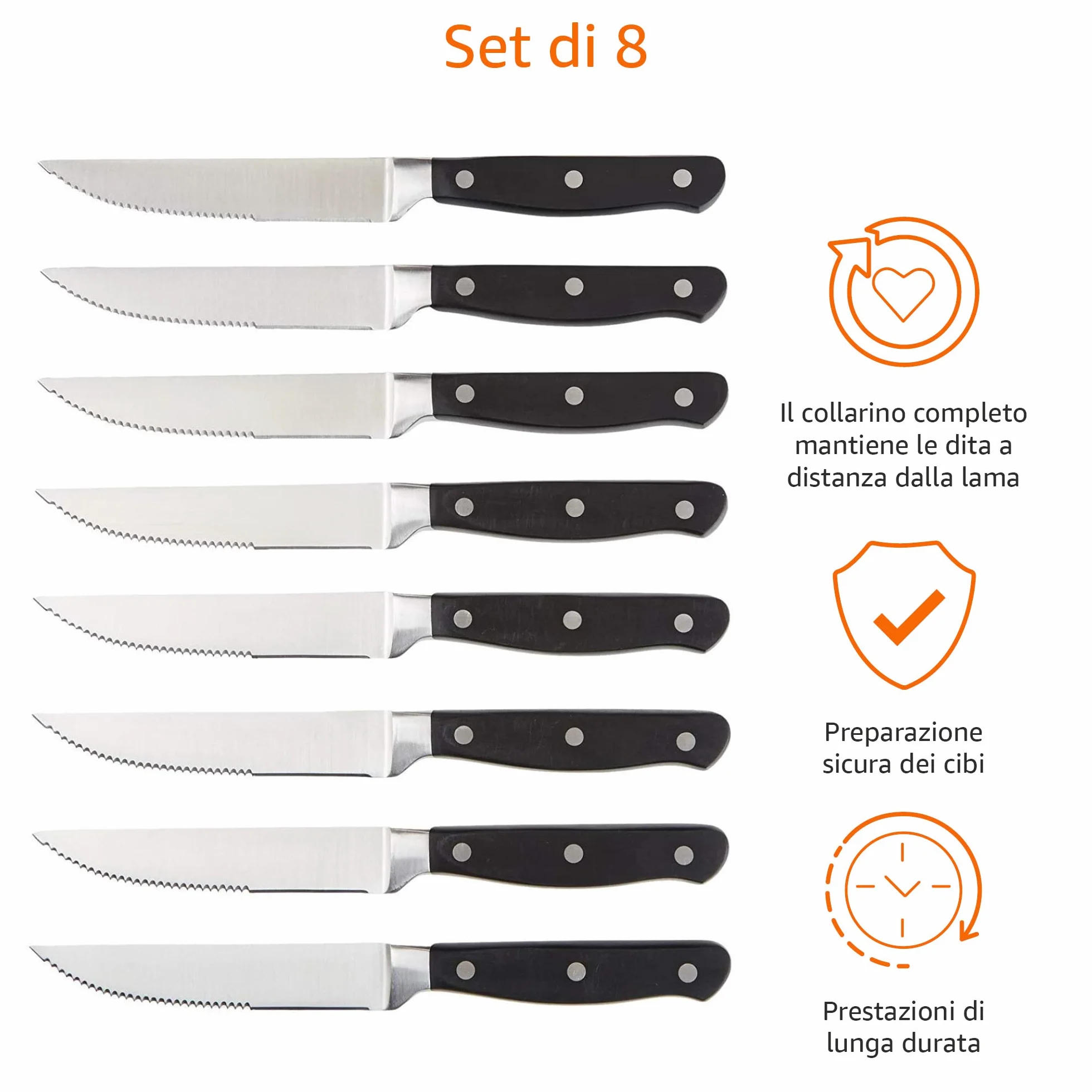 Amazon Basics Set di coltelli da carne 8 pezzi Nero acciaio inossidabile