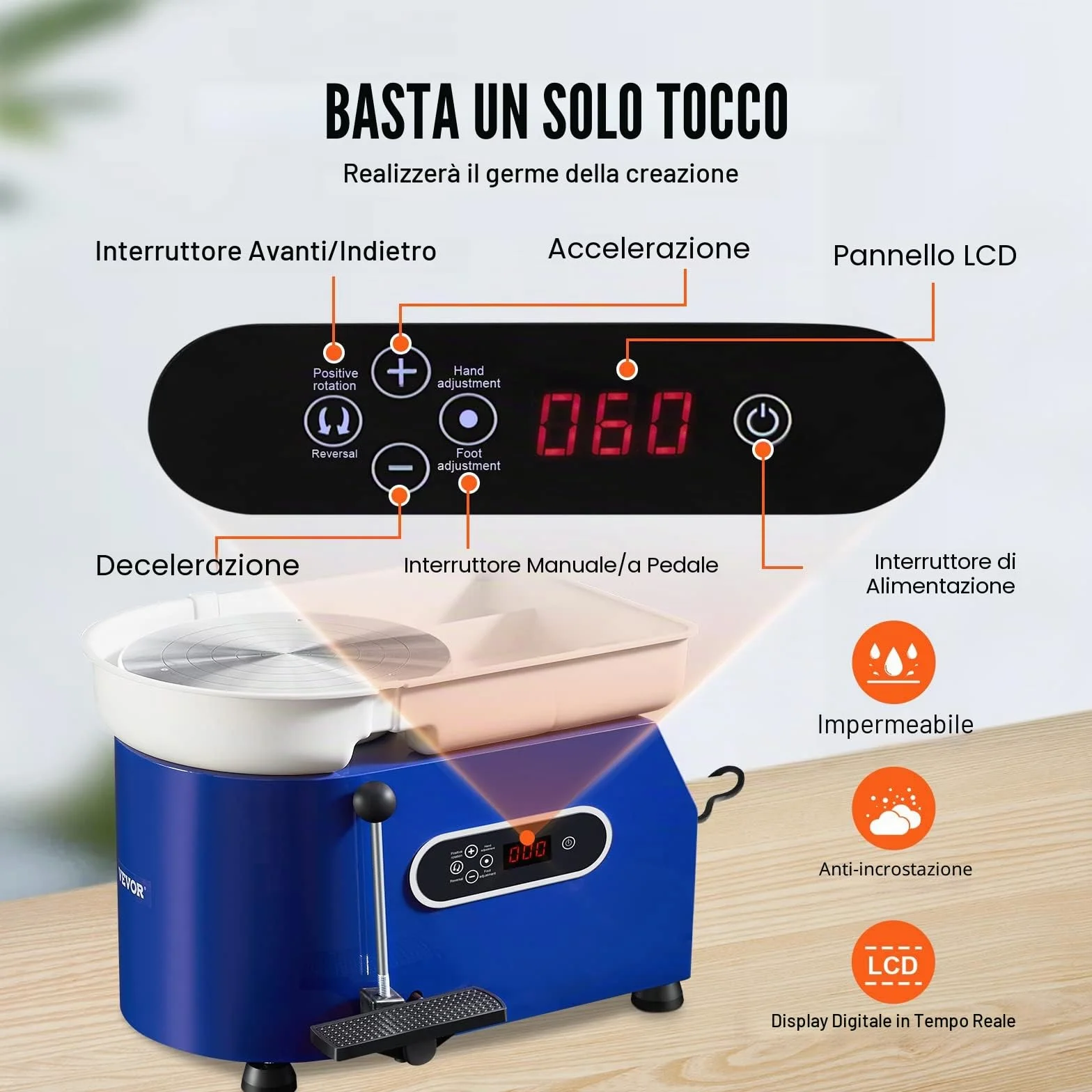 VEVOR Tornio per Ceramica Argilla con Pedale 450 W Diametro 28 cm Velocità 60-300 giri/min, Macchina Ruota di Ceramica Fai-da-te Hobbista Controllo con Schermo LCD 450W Livello di Rumore entro 60 dB