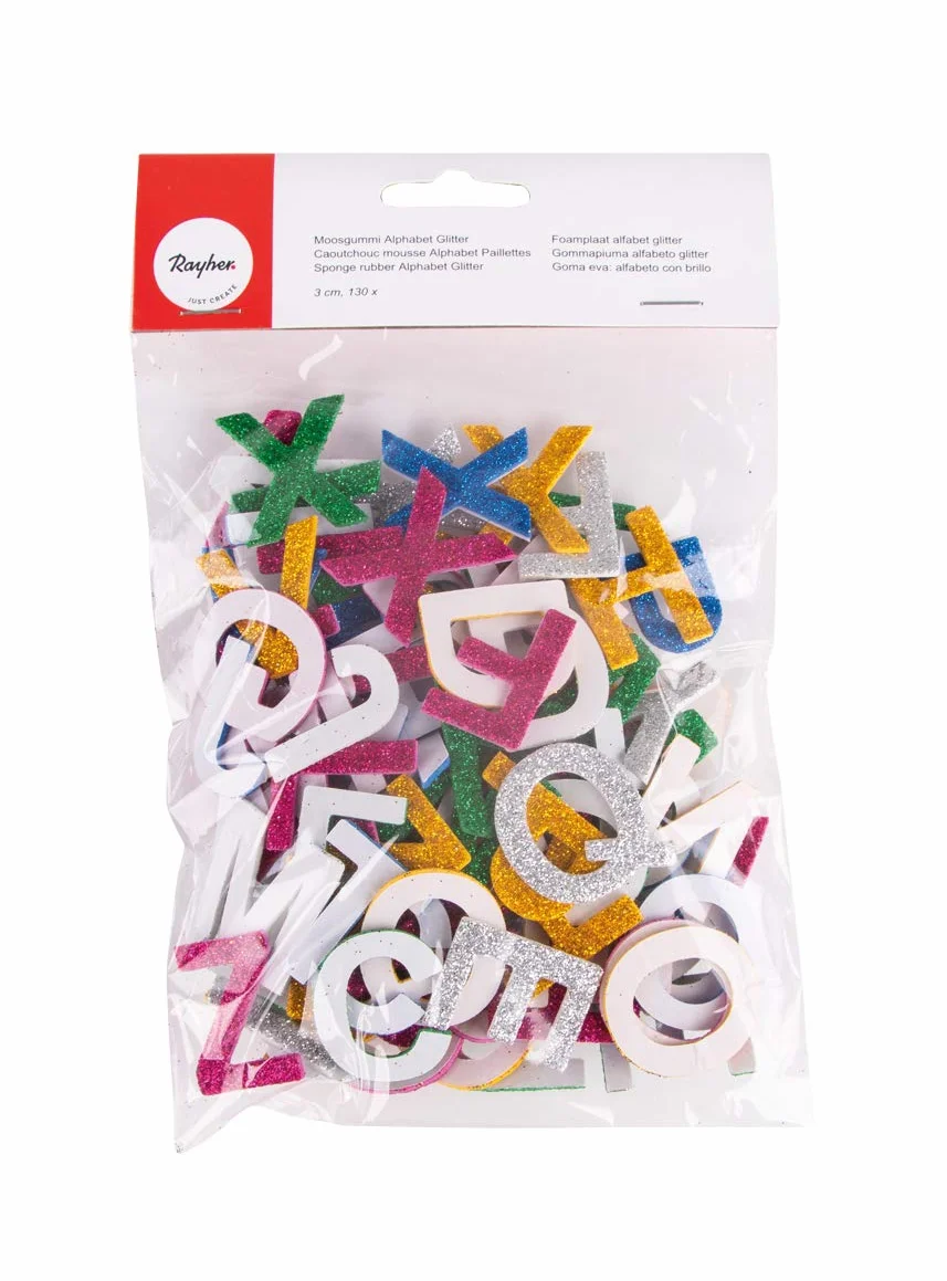Rayher Alfabeto Gomma Crepla Glitter 2 mm 130 Pezzi Sticker Autoadesivi 3 cm
