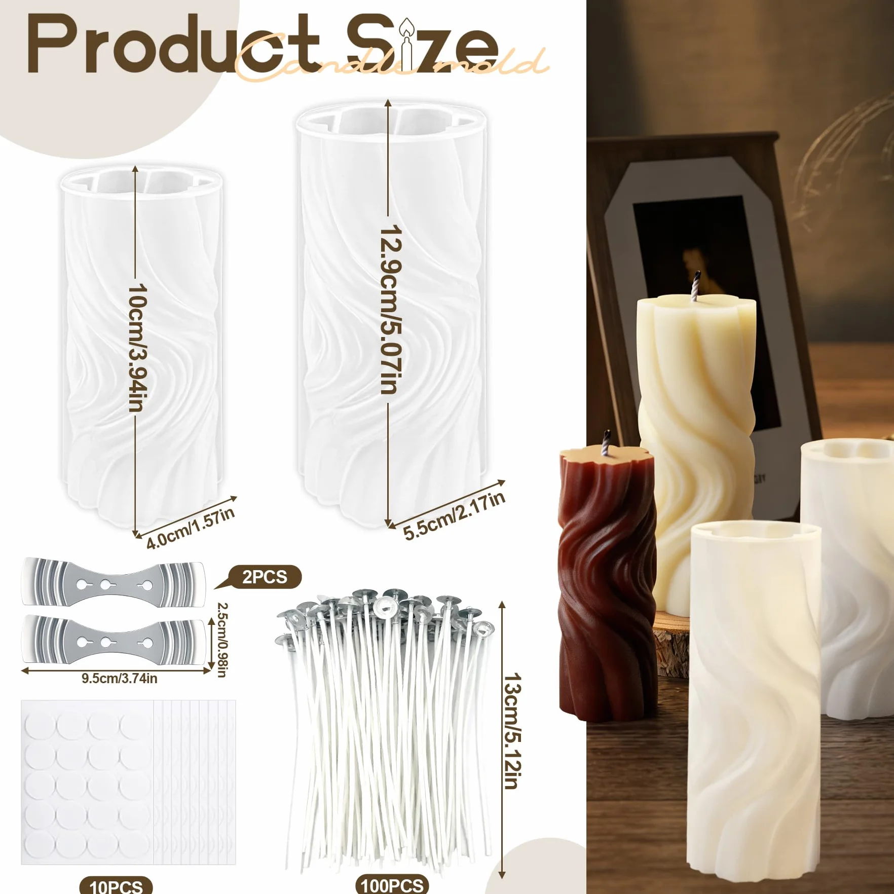 TZEKING Set di 214 stampi per candele, 2stampi per candele in silicone + 200 stoppini di cera+2 supporti+10 adesivi, stampi per candele in silicone 3D fai da te