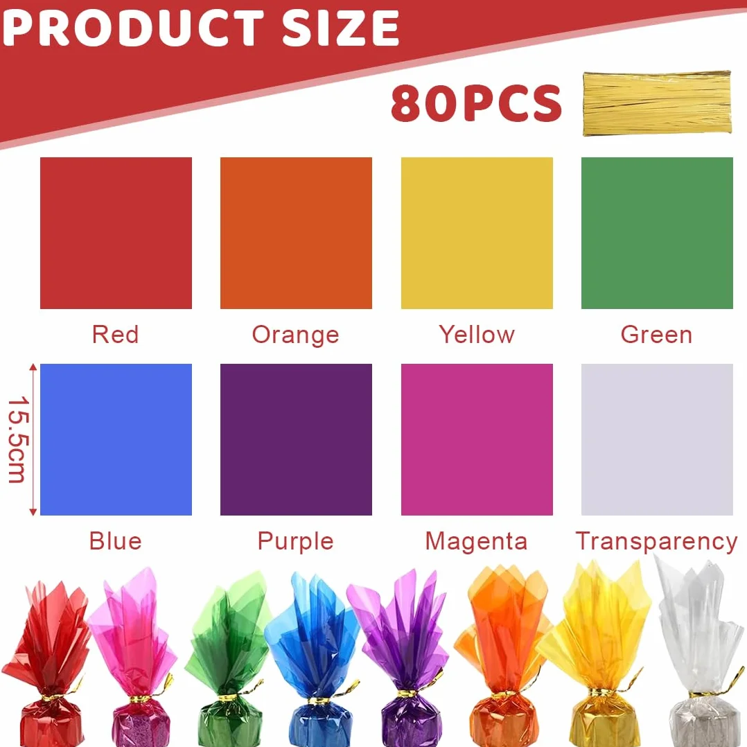 KIRZAX 80 fogli di cellophane, 8 colori diversi, carta trasparente per dolci, fai da te, arte, artigianato, decorazione