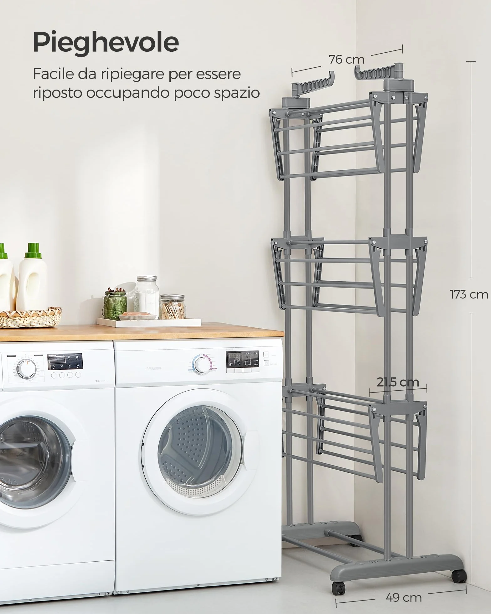 SONGMICS Stendibiancheria, Stendino Pieghevole a 4 Livelli, con Ruote e Ali Richiudibili, 63,5 x 128 x 173 cm, Capiente, Uso Interno ed Esterno, Grigio LLR701G01