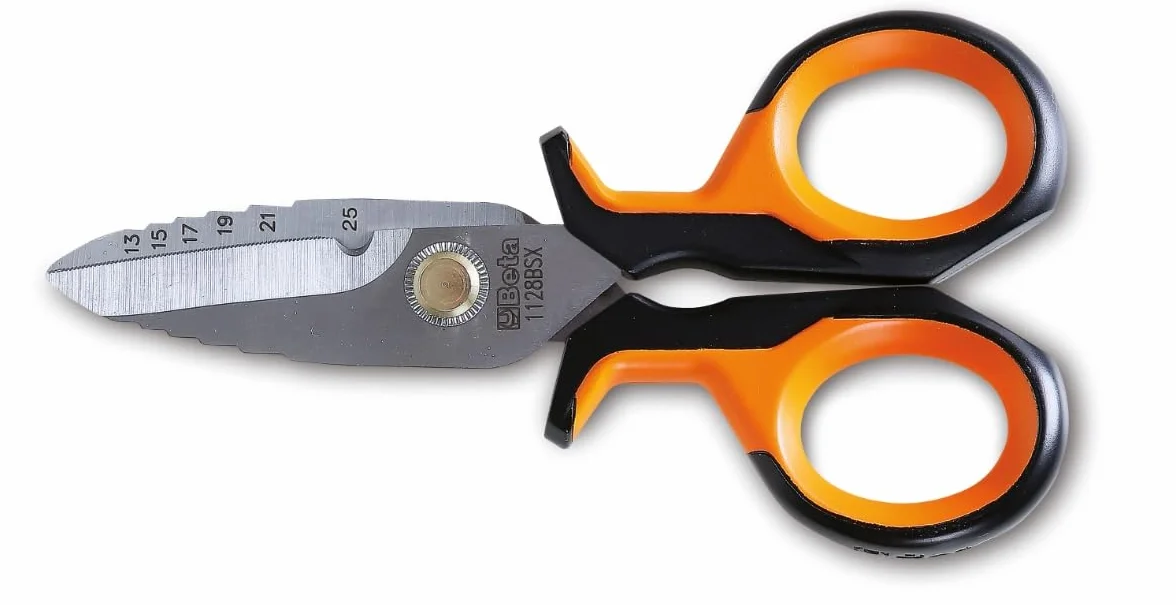 BETA - Forbici Da Elettricista Professionali Con Profili a Fresa Graduata, Lame in Acciaio Inox, Custodia Agganciabile Alla Cintura, Impugnatura Bimateriale, Perno Antiallentamento, 1128BSX