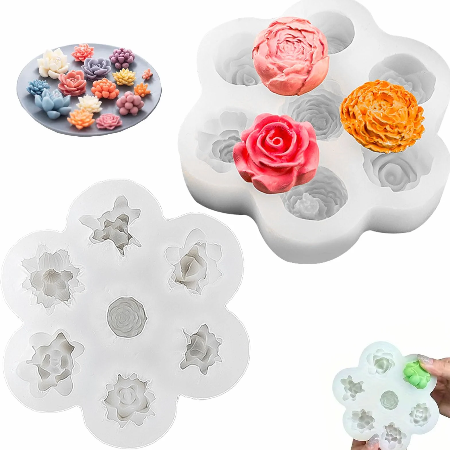 2 Pezzi Stampi per Candele Fiori, Succulenta + Rosa, Stampo in Silicone 3D per Candele, per Torte, Cioccolato, Fondente, Aromaterapia e Creazione di Candele