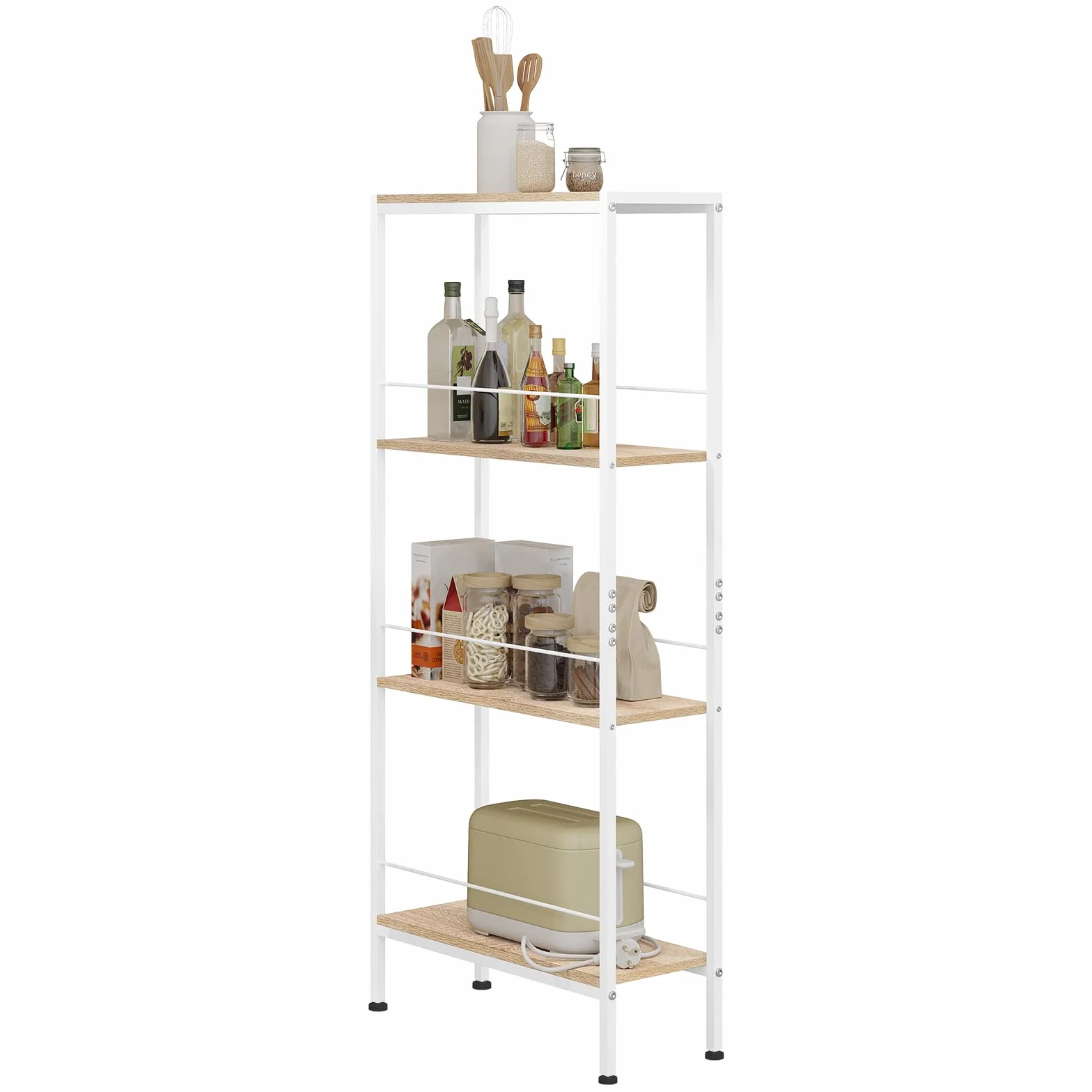 WOLTU Scaffale Salvaspazio da Cucina a 4 Ripiani, Scaffale Angolare per Bagno, Soggiorno, Camera da Letto, Stile Nordico, in Legno e Metallo, Rovere Chiaro+Bianco, 50x20x110cm, RGB53whe