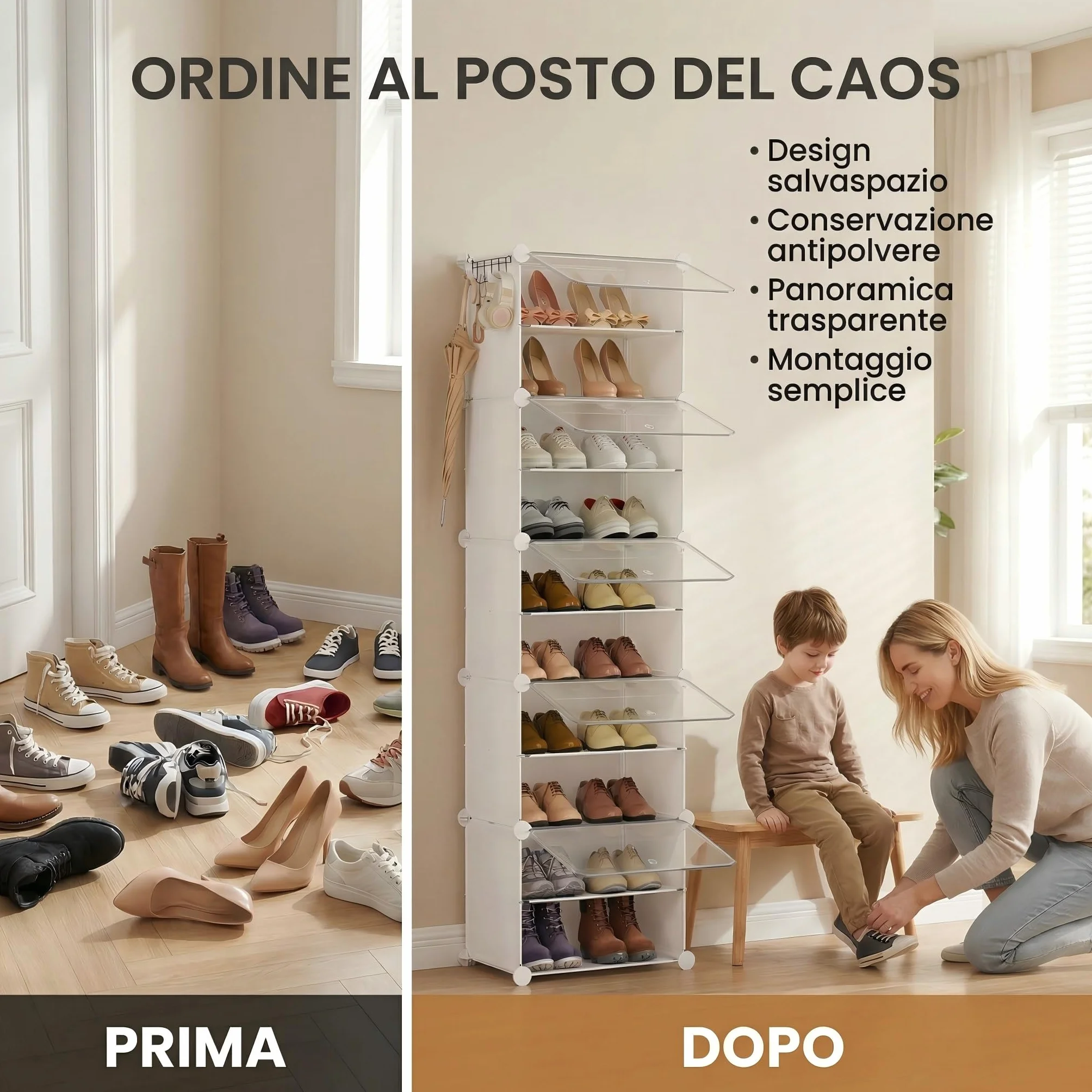 Scarpiera salvaspazio slim alta e stretta a 10 livelli con porta, scarpiera modulare in plastica chiusa bianca, mobile per scarpe ingresso fai da te per corridoio camera da letto