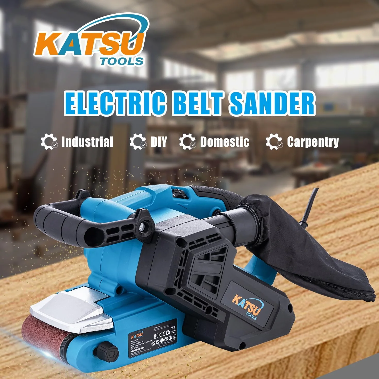KATSU Levigatrice a Nastro 1050W 76x533mm, 6 Velocità, Copertura Frontale Ribaltabile, Luce LED, Cambio Nastro Senza Attrezzi, Manico Regolabile, Sacchetto e P80