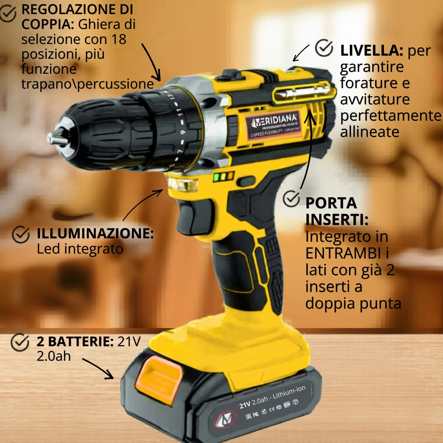 Meridiana - Set Trapano Avvitatore a Batteria, 21V Trapano a Percussione, con 2 Batterie, Bussole, Inserti Torx,2 Velocità, LED Luce e Prolunga Flessibile per Montaggio, Riparazioni e Manutenzione.