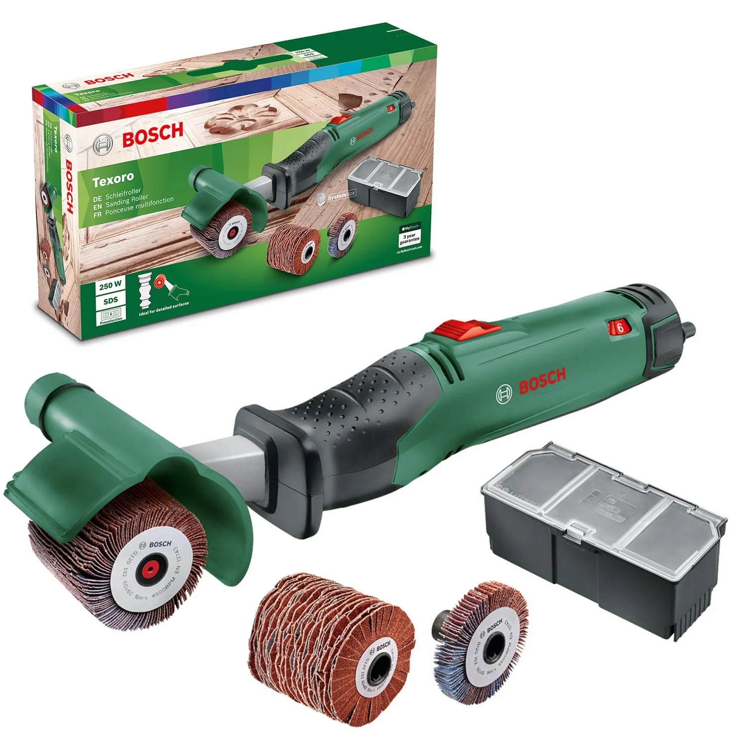 Bosch Texoro Levigatrice a rullo abrasivo (250 W, 3 accessori, scatola accessori, in confezione di cartone)