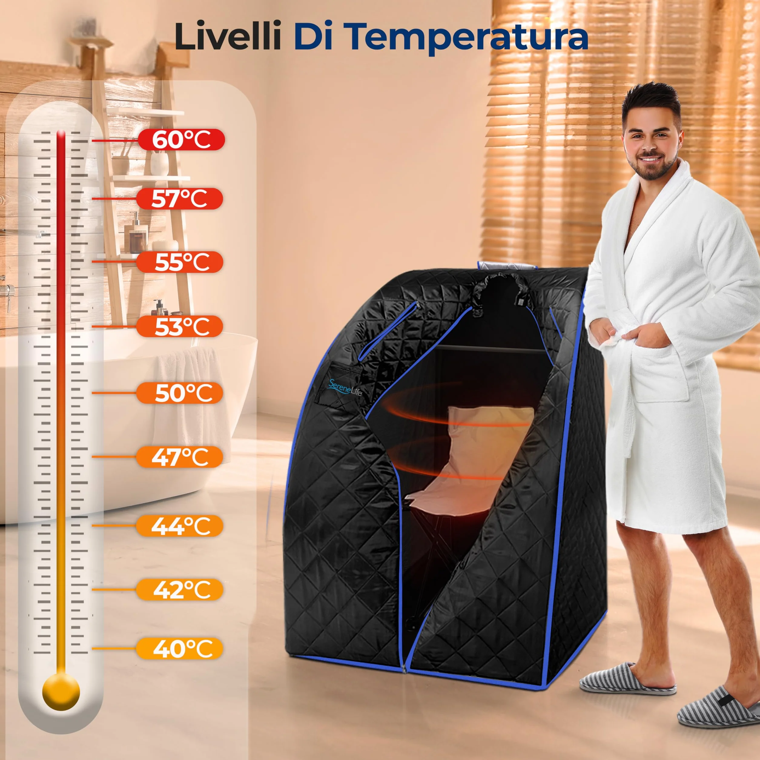 SereneLife Sauna a Vapore Portatile, Sauna Monoposto da Casa, Bagno Turco, Sauna Infrarossi con Tappetino Scaldapiedi e Sedia Pieghevole, Cabina Domestica per Spa, Nero