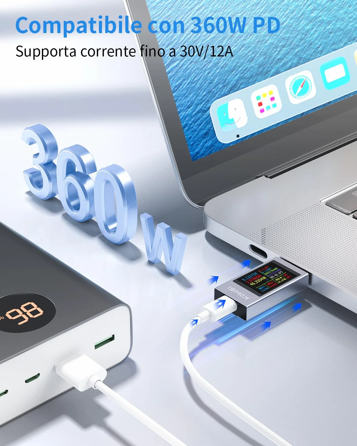 Tester USB C Multimetro Digitale 360W 4-30V 0-12A Voltmetro Amperometro