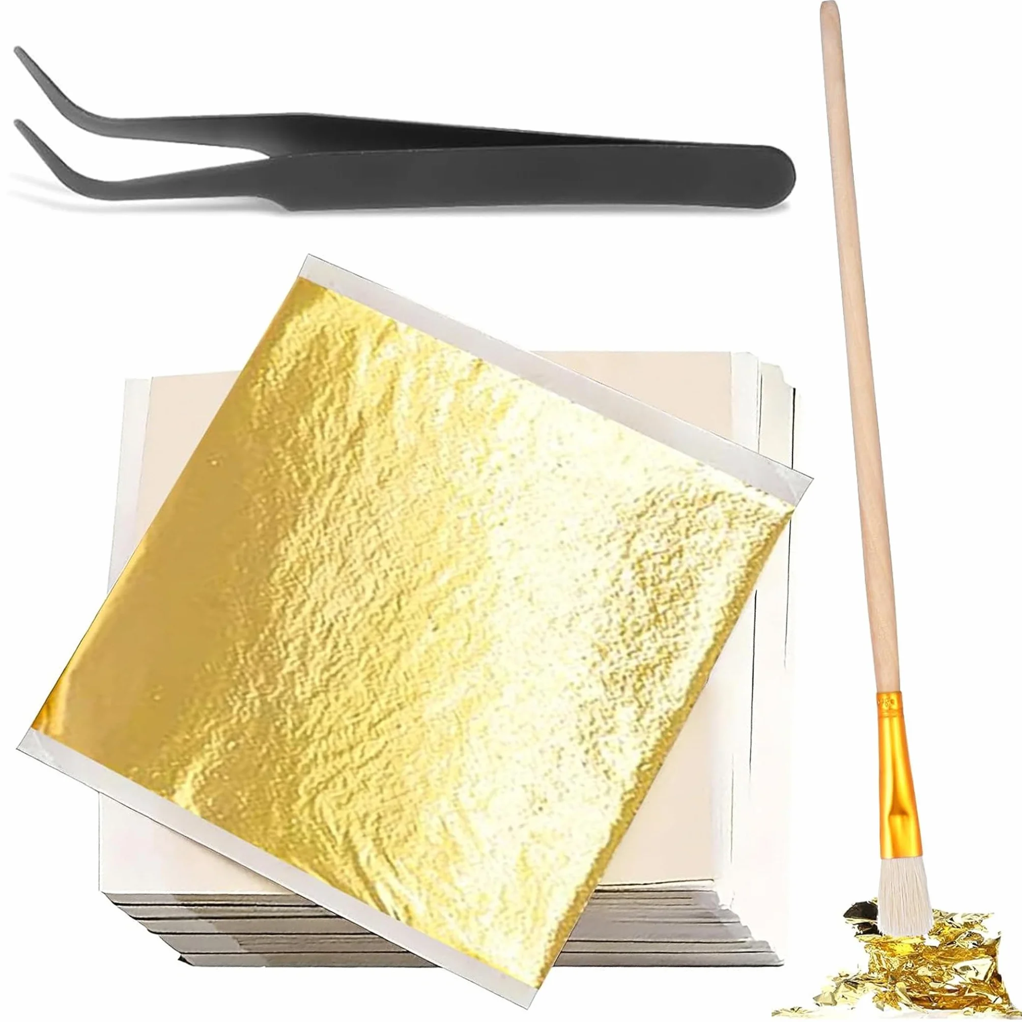 200 Fogli Foglia Oro Commestibile 14x14cm, Carta Lamina Oro per Decorazione Torte/Artigianato/Pittura, incl. Pinzette + Pennello, Oro Imitazione 24 Carati