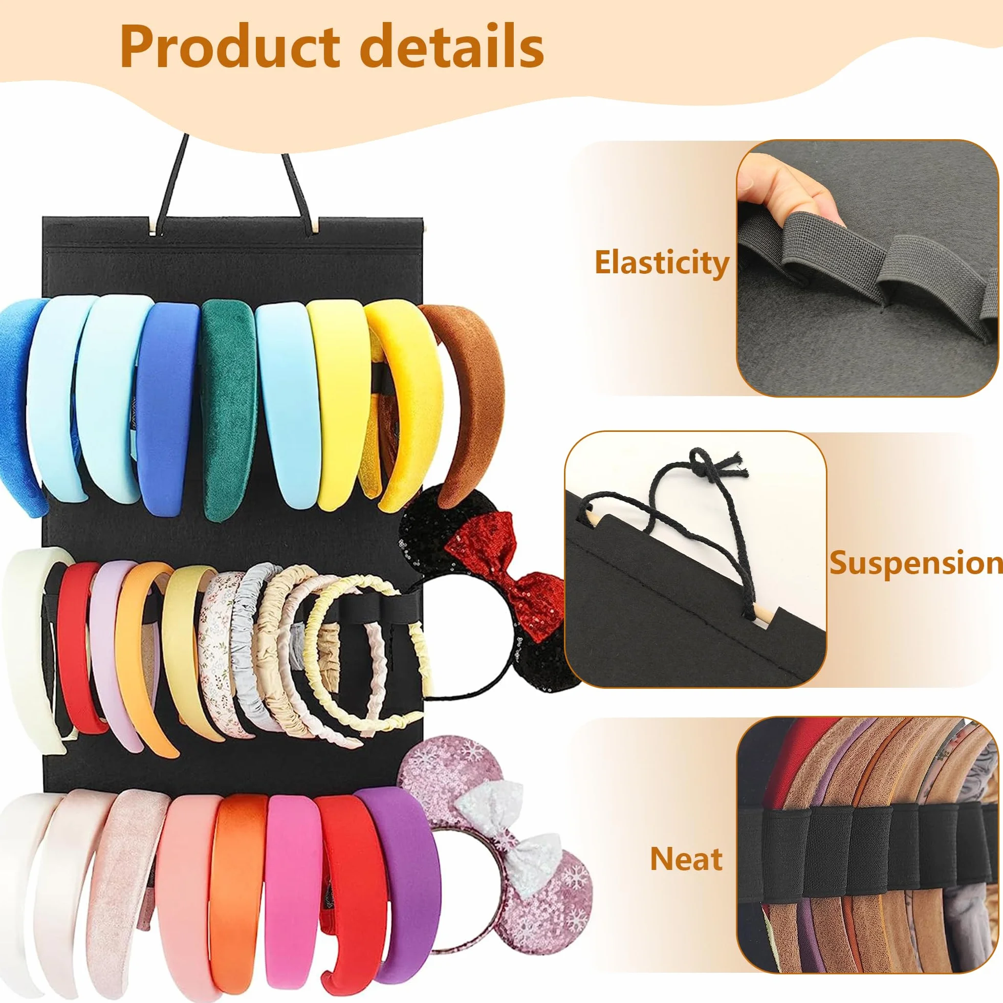 Organizzatore per fascia da appendere 30 ganci nero 59 x 30 cm