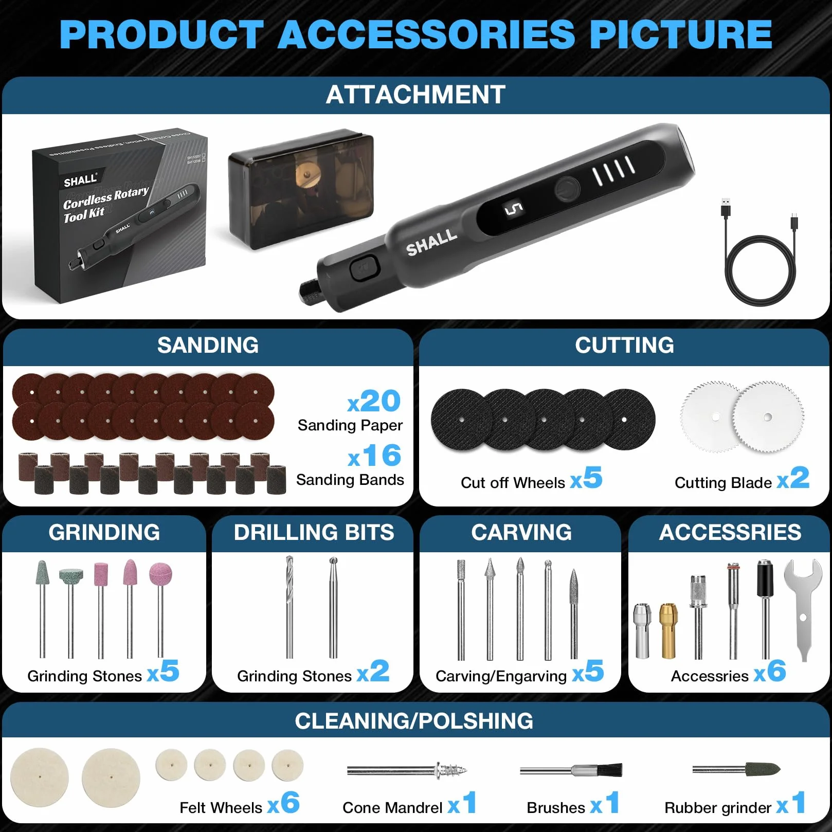 SHALL Smerigliatrice senza fili 3,7V 20000 giri/min 5 velocità Kit con 70 accessori e luce LED