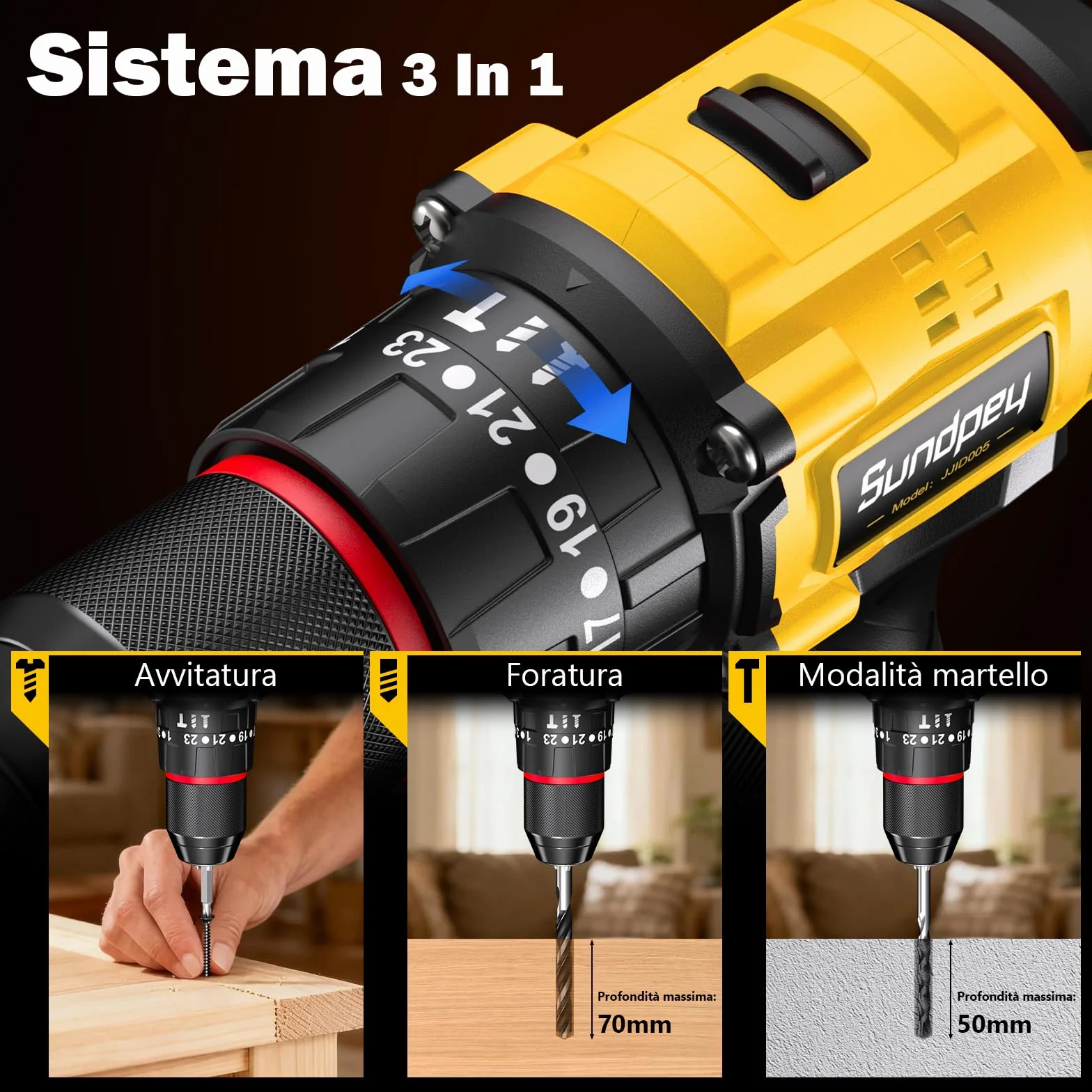 Sundpey 21V Trapano Avvitatore a Batteria - Max 70Nm Brushless Trapano a Percussione con 2 Batterie 2.0Ah, 23+3 Coppie, Mandrino 10mm, Luce LED, 2 Velocità Avvitatore Elettrico per Fai da te