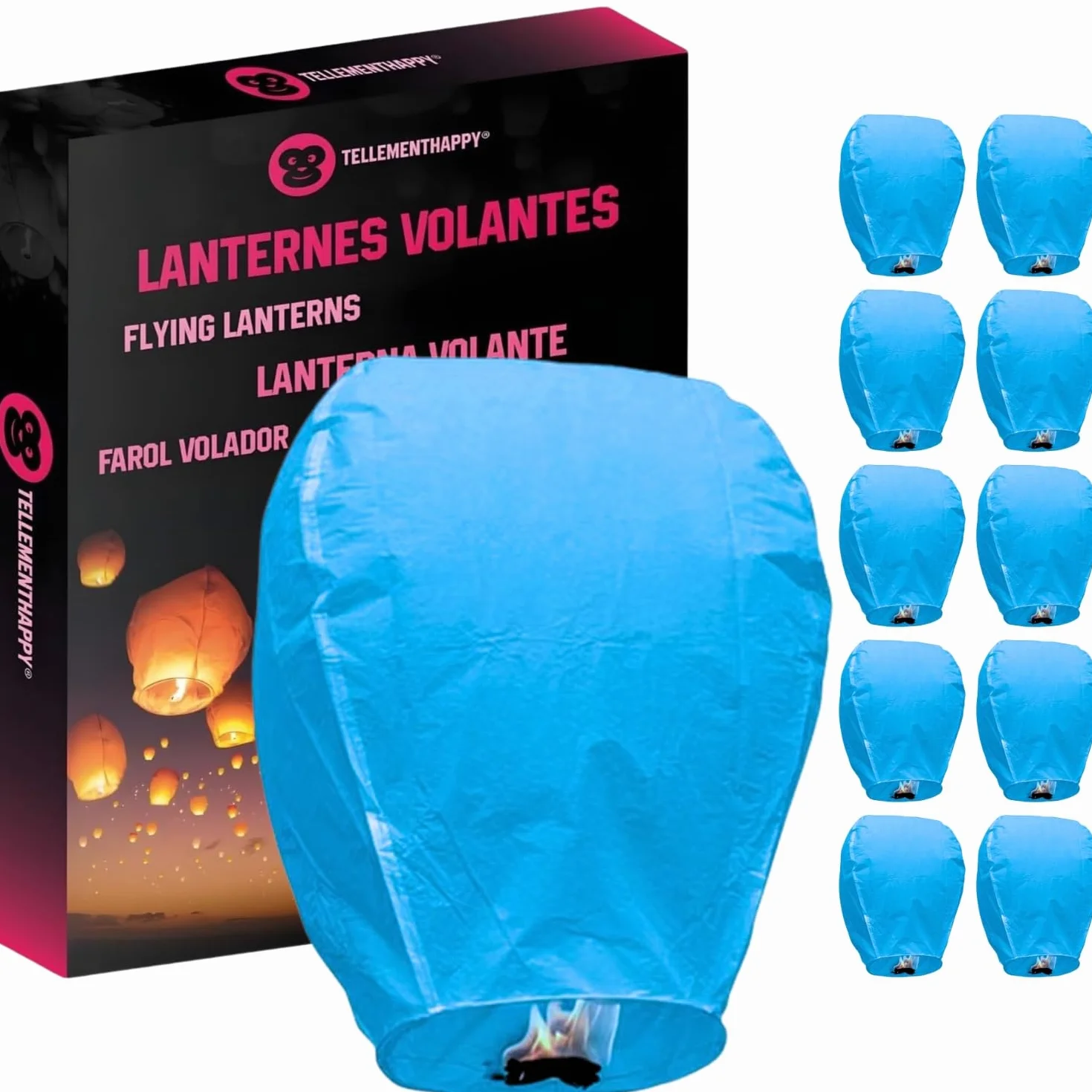 TellementHappyTM lanterna cinese volante, colorata, in carta 100% biodegradabile, qualità superiore, dimensioni: 90 x 60 cm. Ideale per eventi, matrimoni, feste, Capodanno; confezione da 10 pezzi. blu