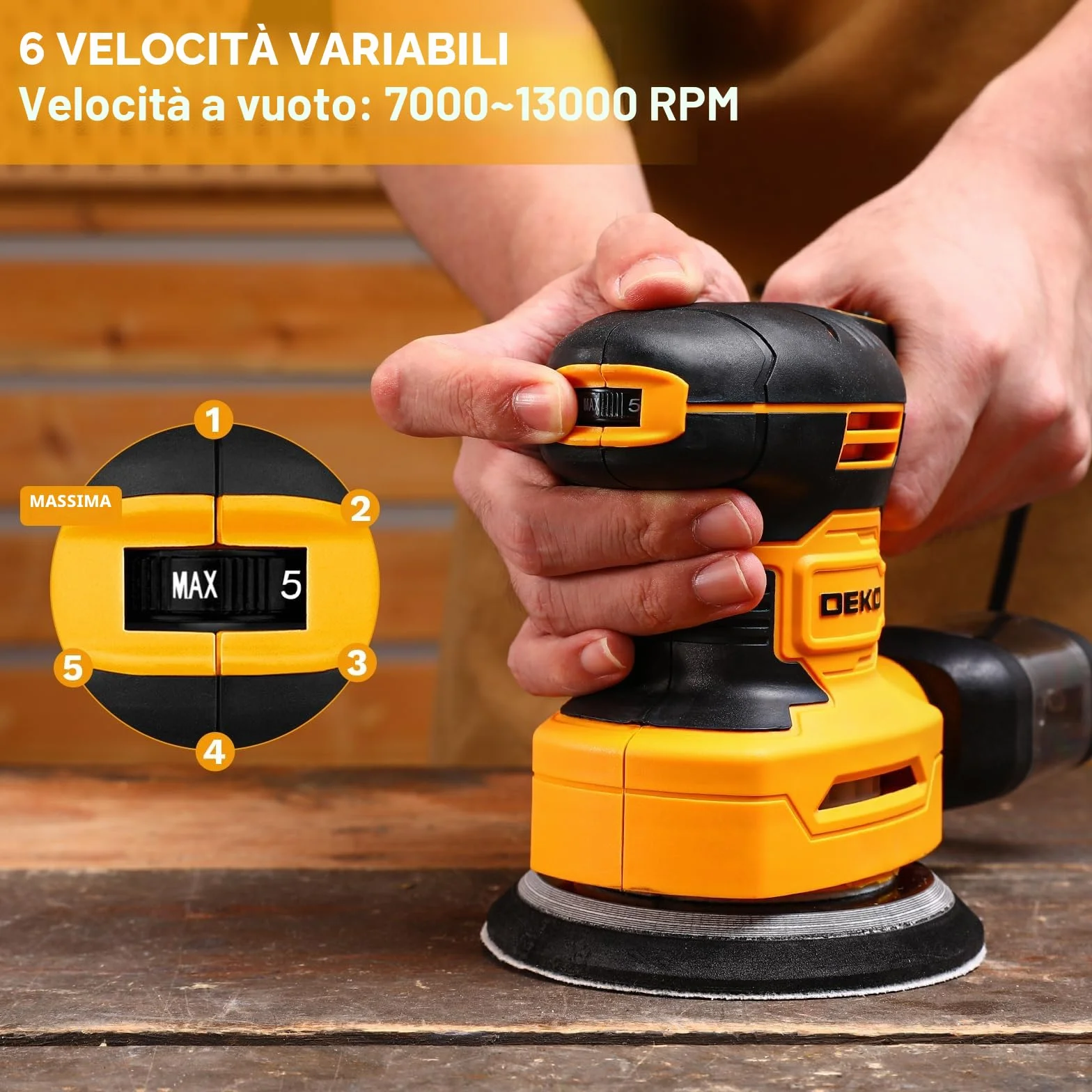 DEKOPRO Levigatrice Orbitale 3-IN-1 300W 13000RPM 6 velocità con accessori