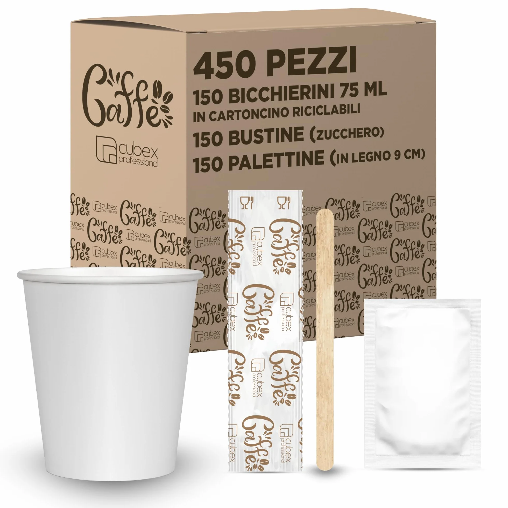 Cubex Professional Kit Caffè 450 Pezzi Bicchierini Cartoncino 75 ml Zucchero Palettine Legno 9 cm