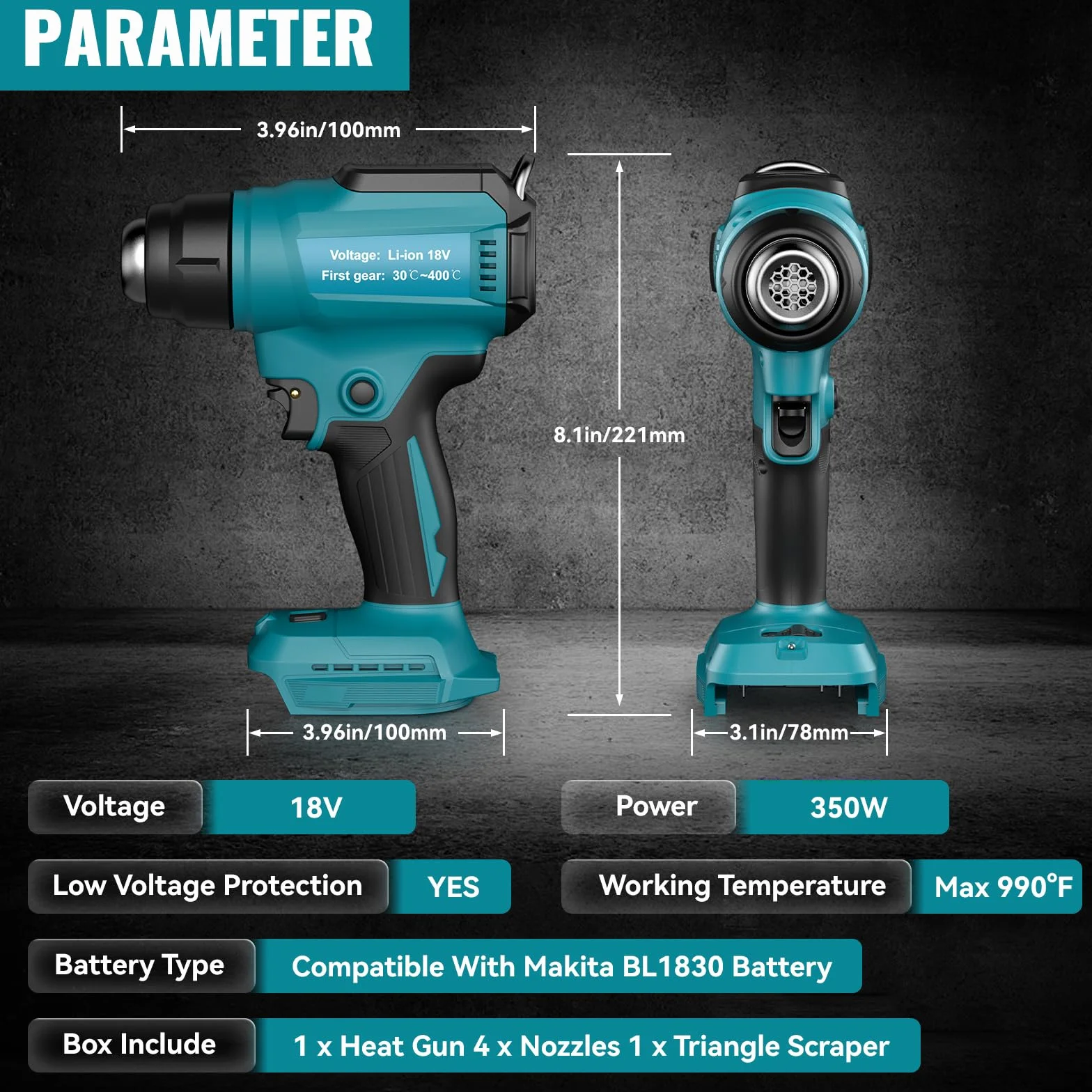 Pistola ad aria calda senza fili per batteria Makita da 18 V (senza batteria) pistola termica per saldatura, piegatura dei tubi, rimozione del colore, pistola termica con 4 ugelli.
